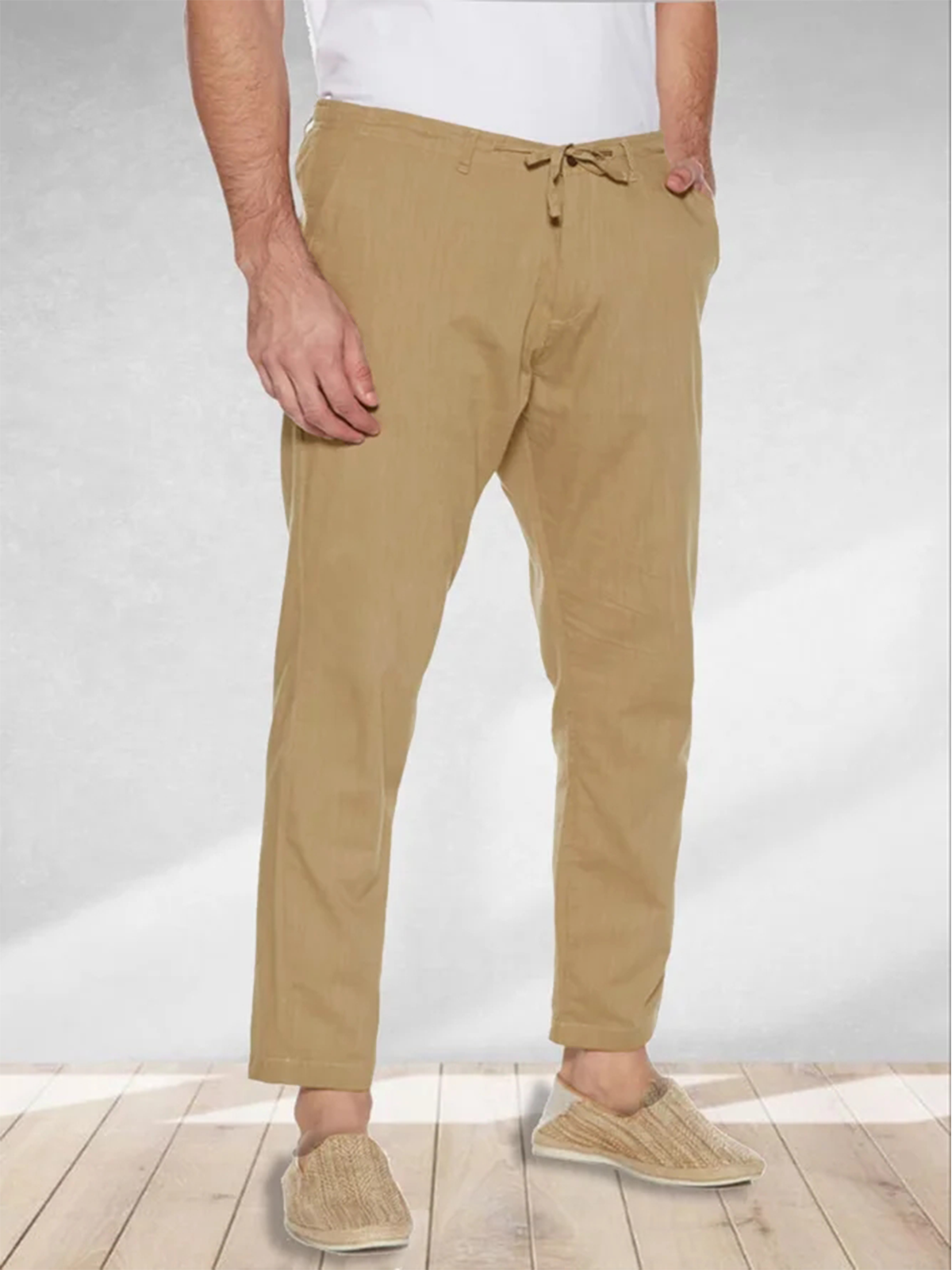 Plain Cotton Drawstring Waist Straight Pants