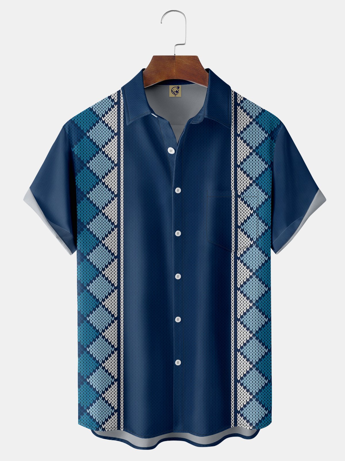 Geometric Check Chest Pocket Short Sleeve Bowling Shirt