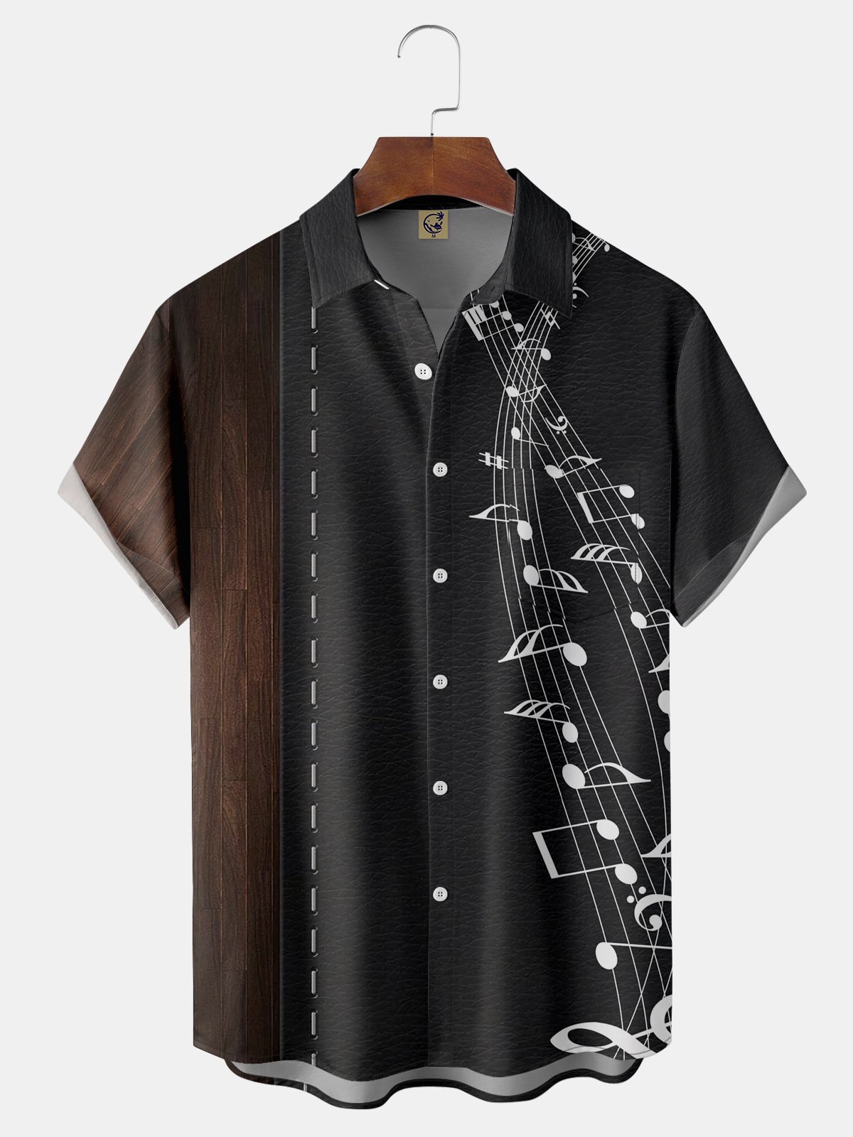 Leather Shading Note Chest Pocket Short Sleeve Shirt