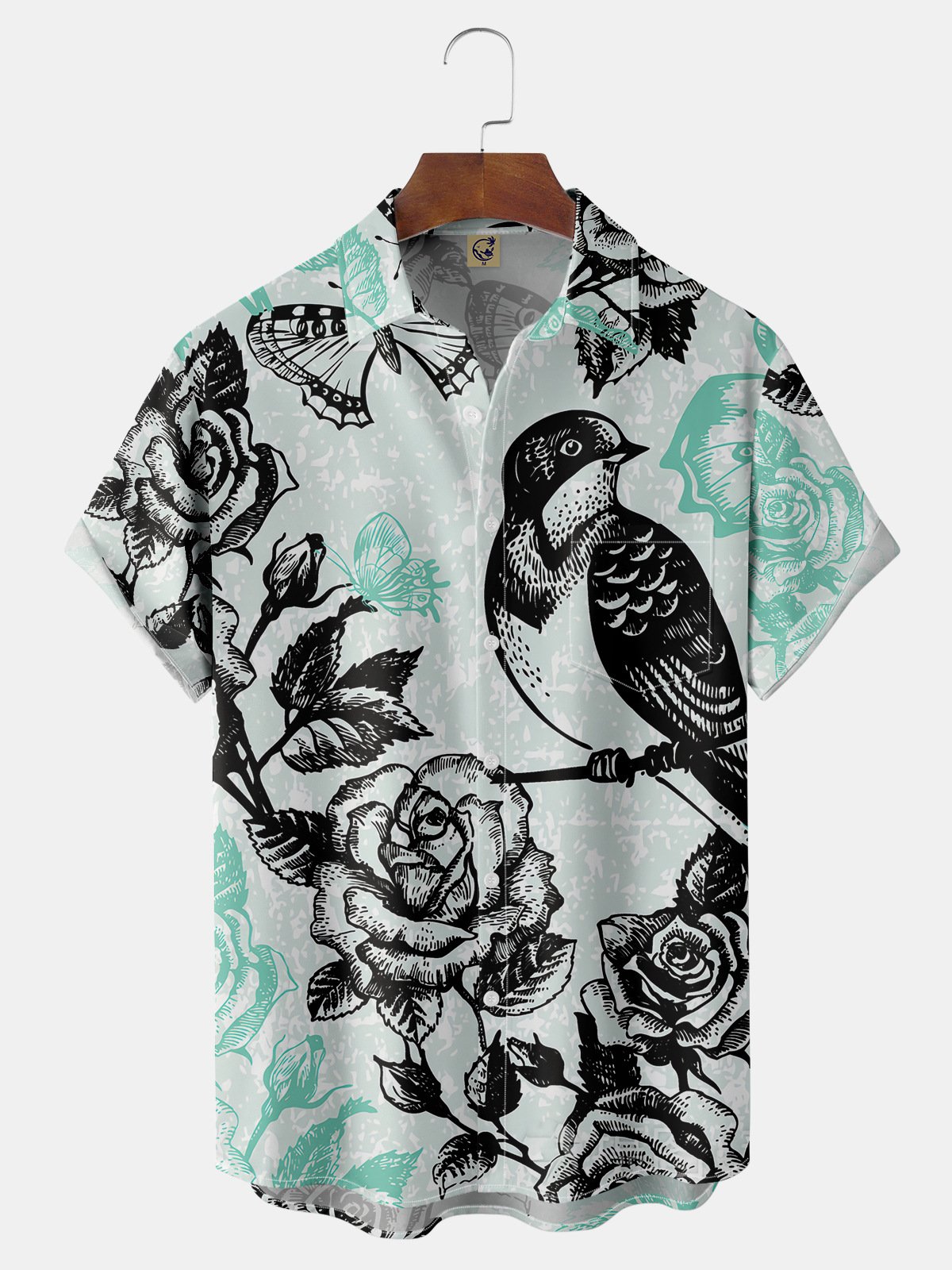 Bird Chest Pocket Short Sleeve Hawaiian Shirt