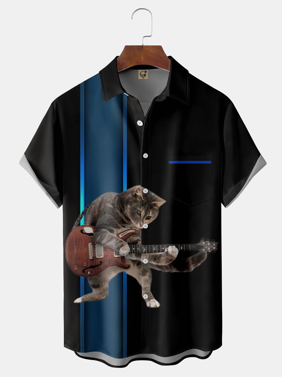 Fun Musical Cat Chest Pocket Short Sleeve Shirt