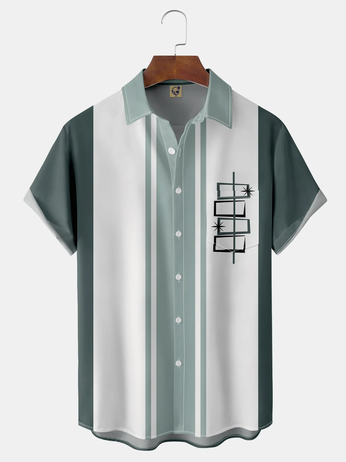 Geometric Chest Pocket Short Sleeve Bowling Shirt