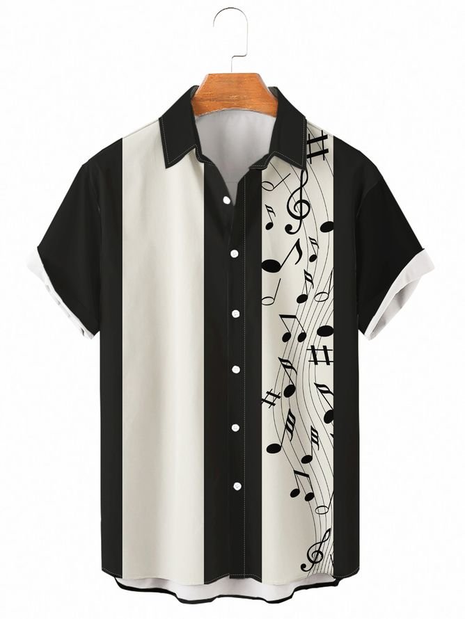 Hardaddy Big Size Music Notes Chest Pocket Short Sleeve Bowling Shirt