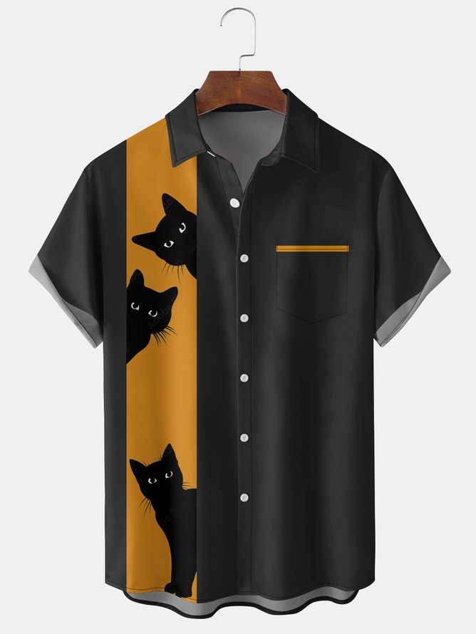 Hardaddy Big Size Cat Chest Pocket Short Sleeve Bowling Shirt