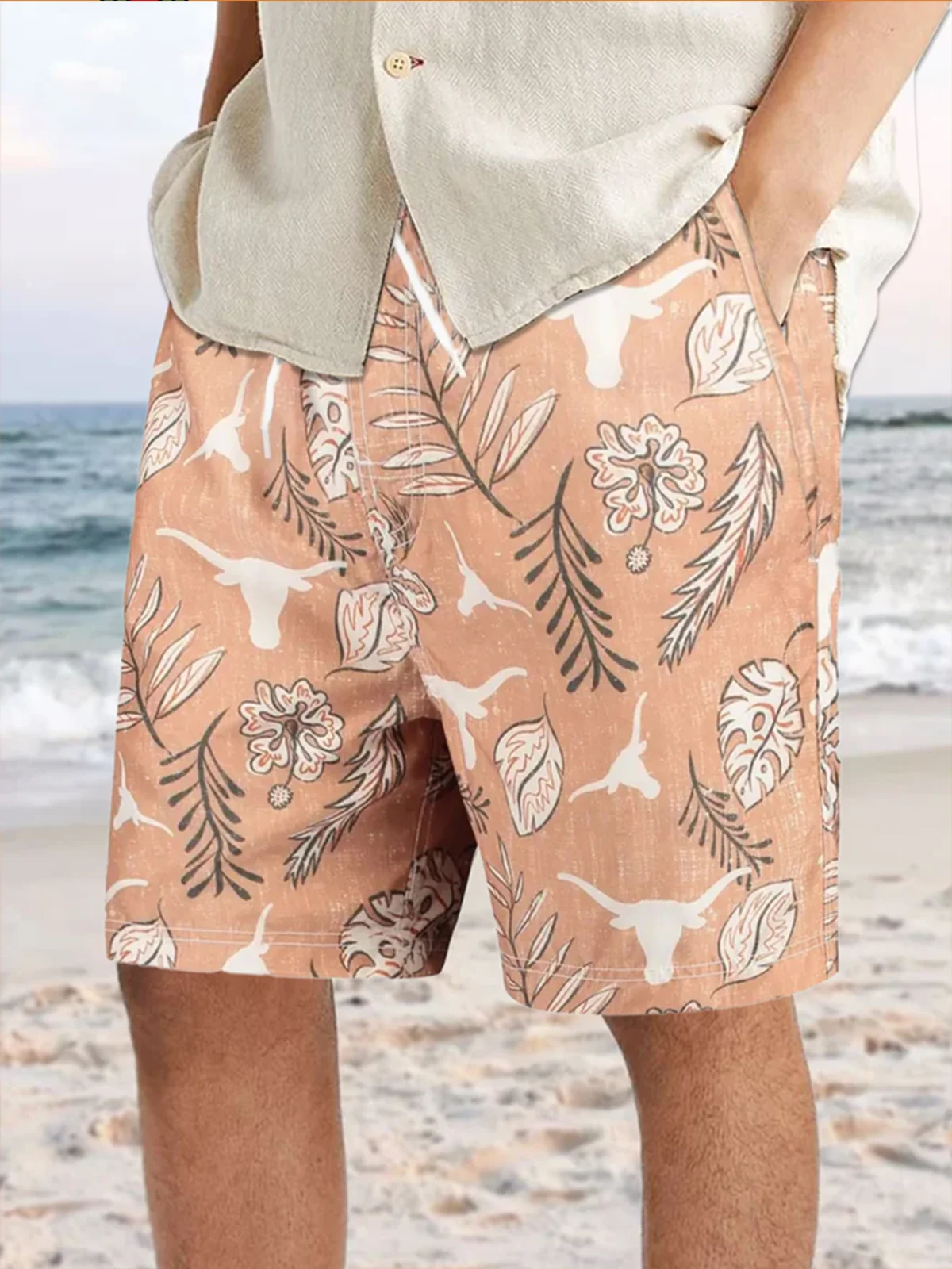 Plant Flower Printing Rubber Band Drawstring Shorts