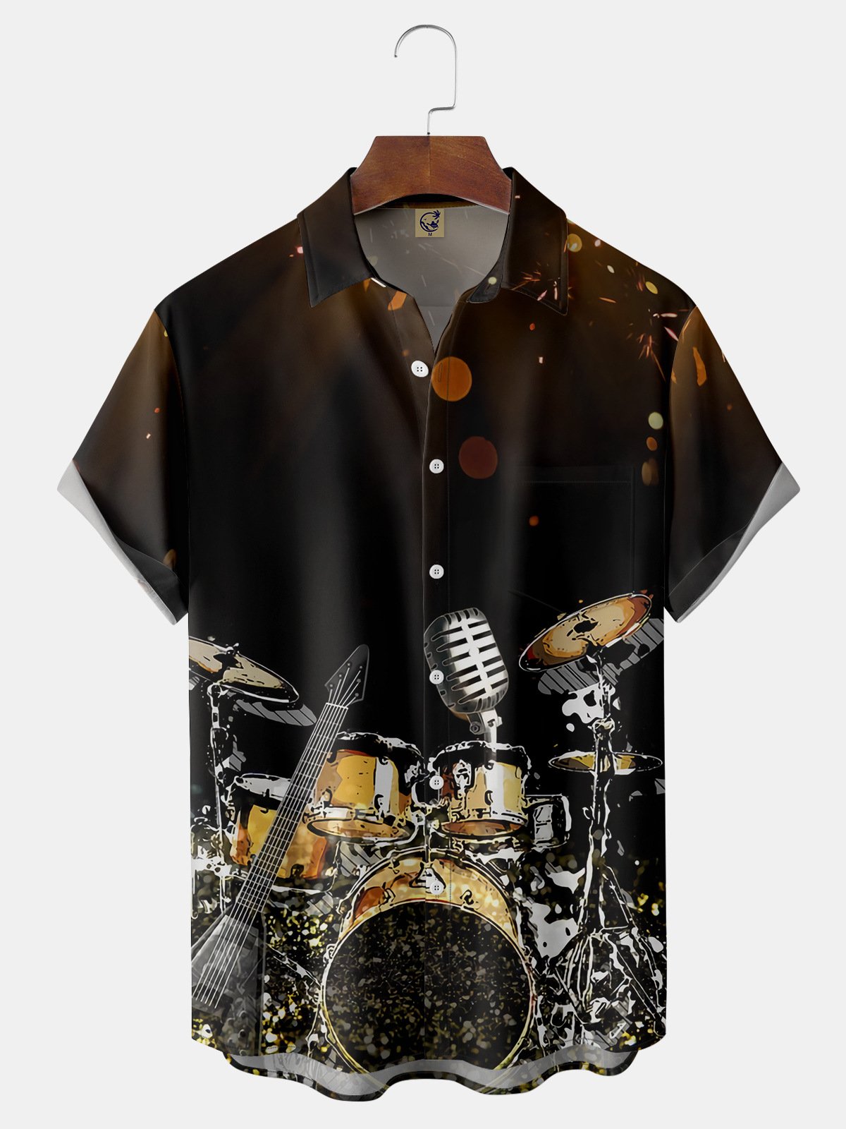 Drum Set Chest Pocket Short Sleeve Casual Shirt