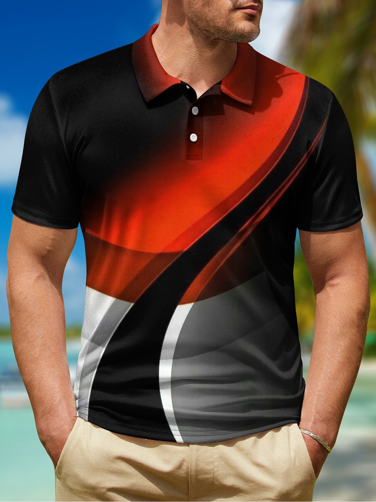 Ombre Abstract Geometric Button Short Sleeve Polo Shirt