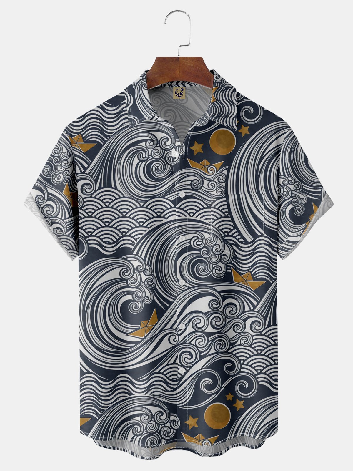 Ukiyo-e Sea Wave Chest Pocket Short Sleeve Shirt