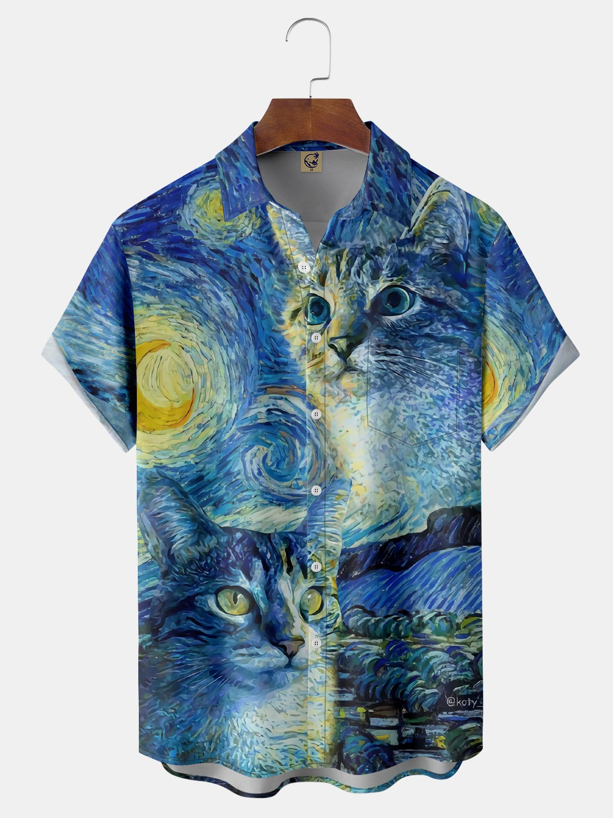 Oil Painting Cat Chest Pocket Short Sleeve Shirt