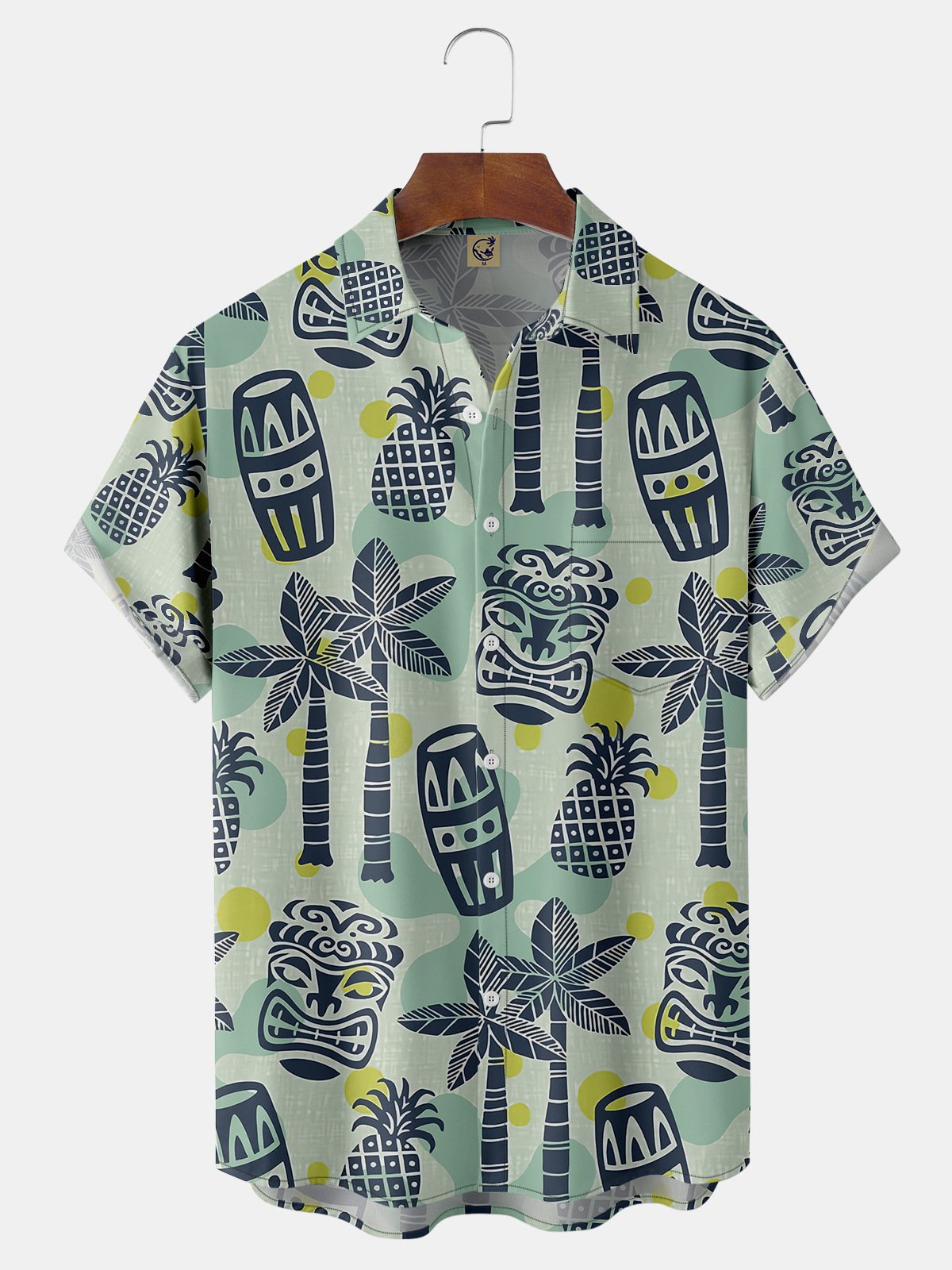 Tiki Coconut Tree Chest Pocket Short Sleeve Hawaiian Shirt