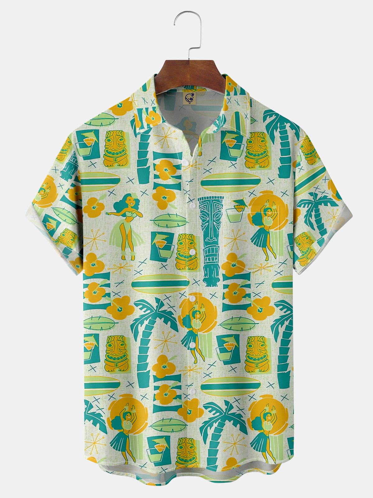 Hula Girl Tiki Chest Pocket Short Sleeve Hawaiian Shirt