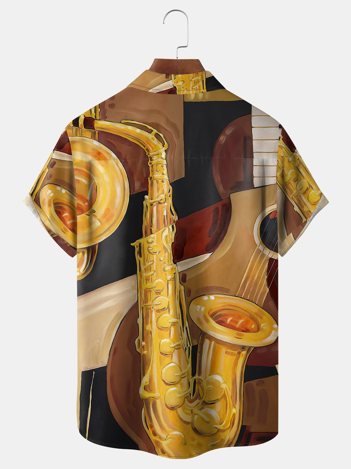 Music Saxophone Chest Pocket Short Sleeve Casual Shirt