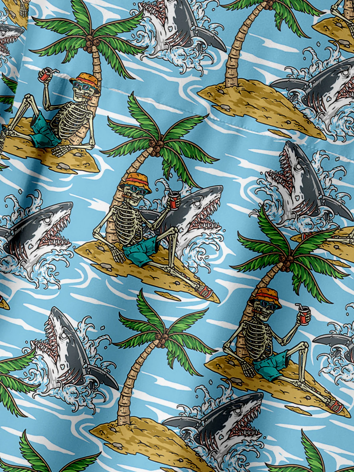Coconut Tree Skull Chest Pocket Short Sleeve Hawaiian Shirt