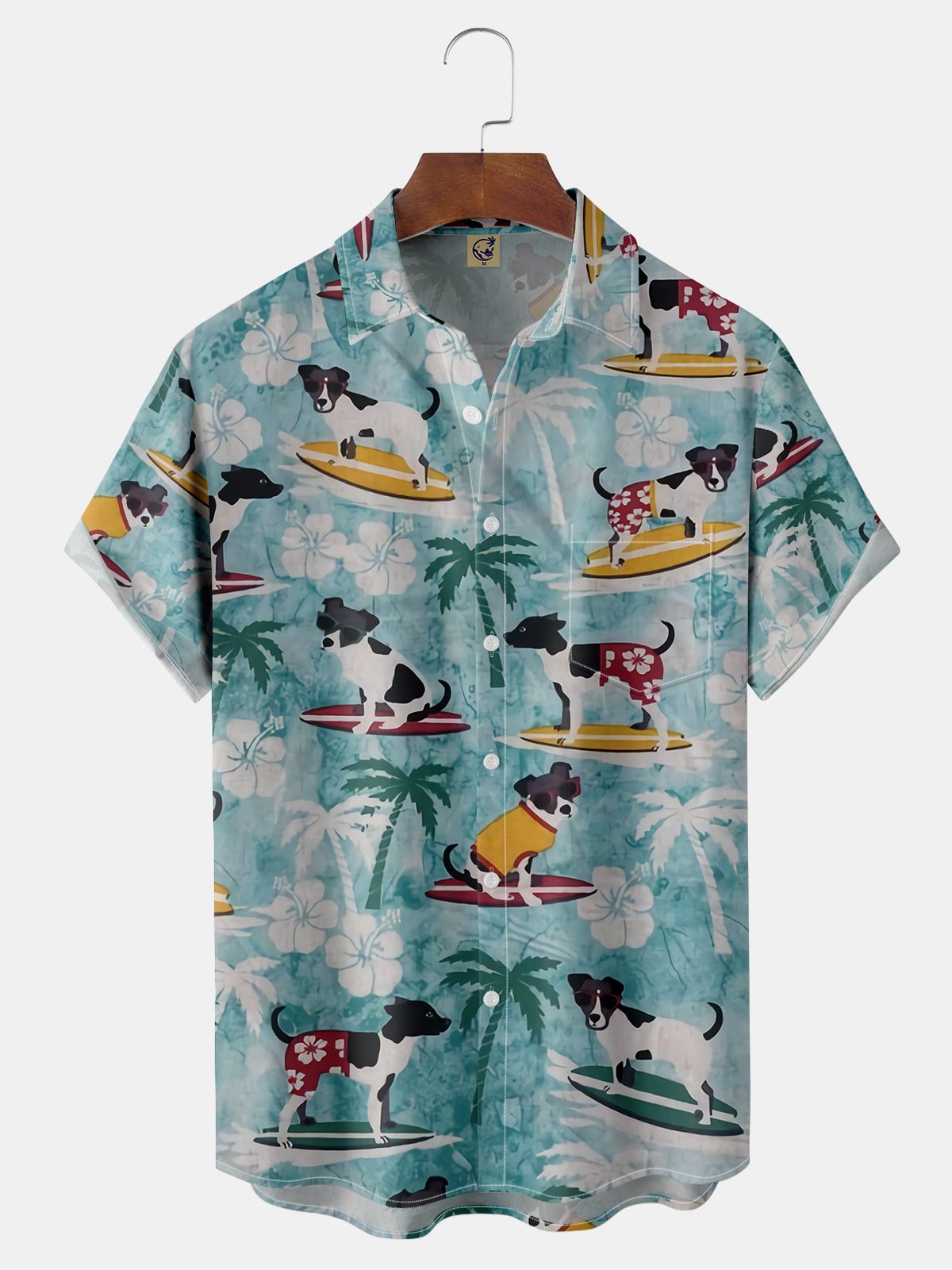 Surfing Dogs Chest Pocket Short Sleeve Hawaiian Shirt