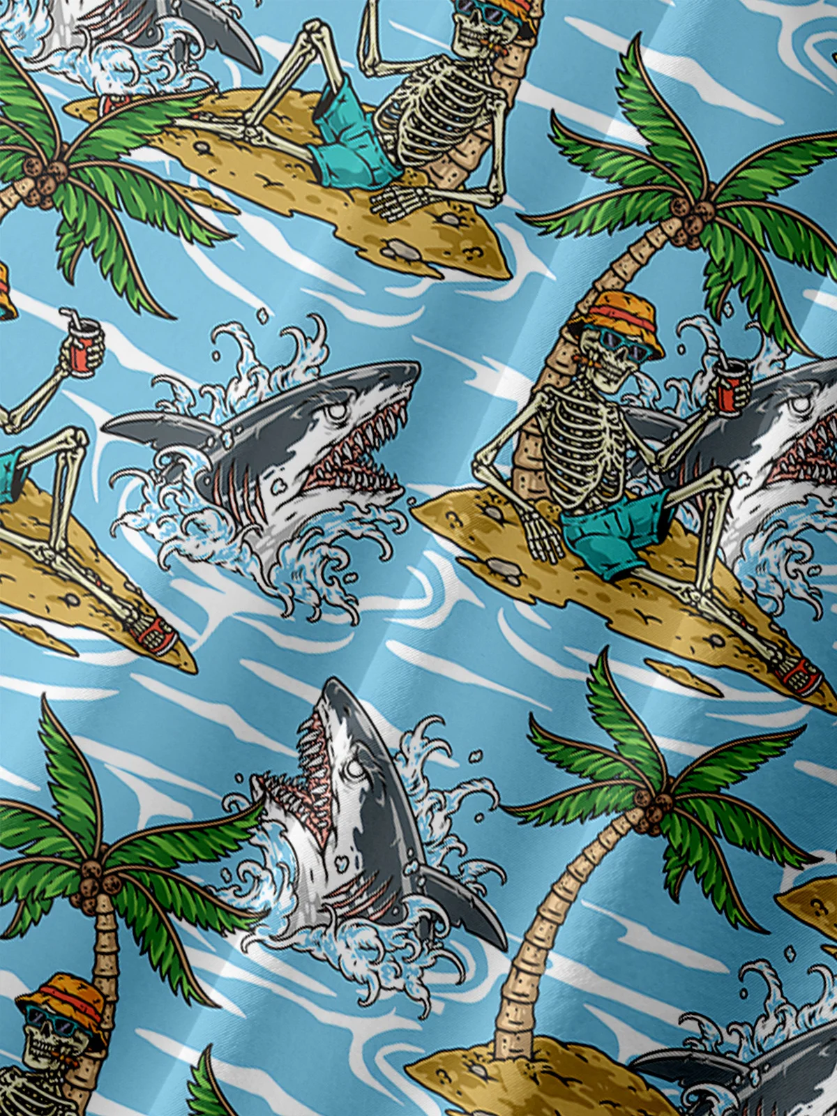 Coconut Tree Skull Chest Pocket Short Sleeve Hawaiian Shirt