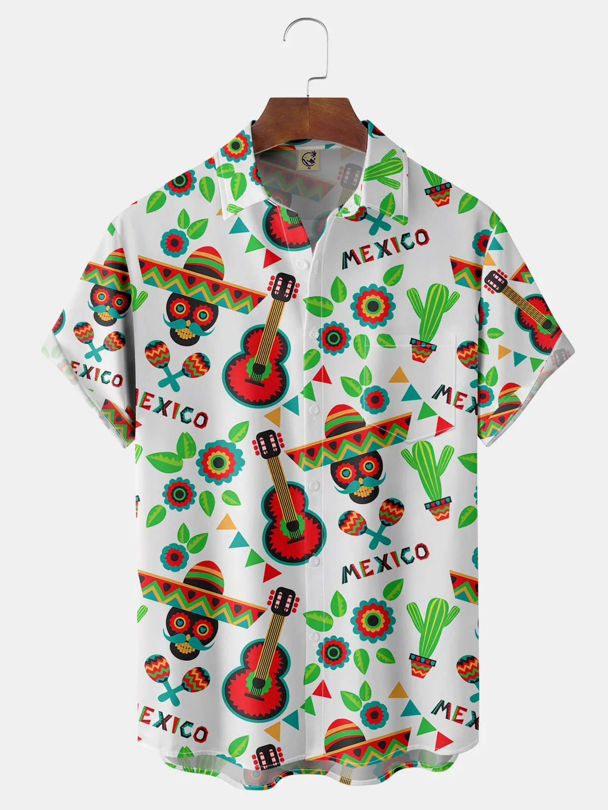 Cinco de Mayo Skull Pepper Chest Pocket Short Sleeve Shirt