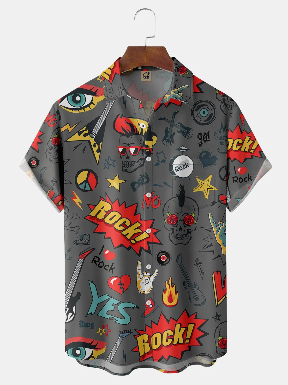 Rock Music Chest Pocket Short Sleeve Casual Shirt