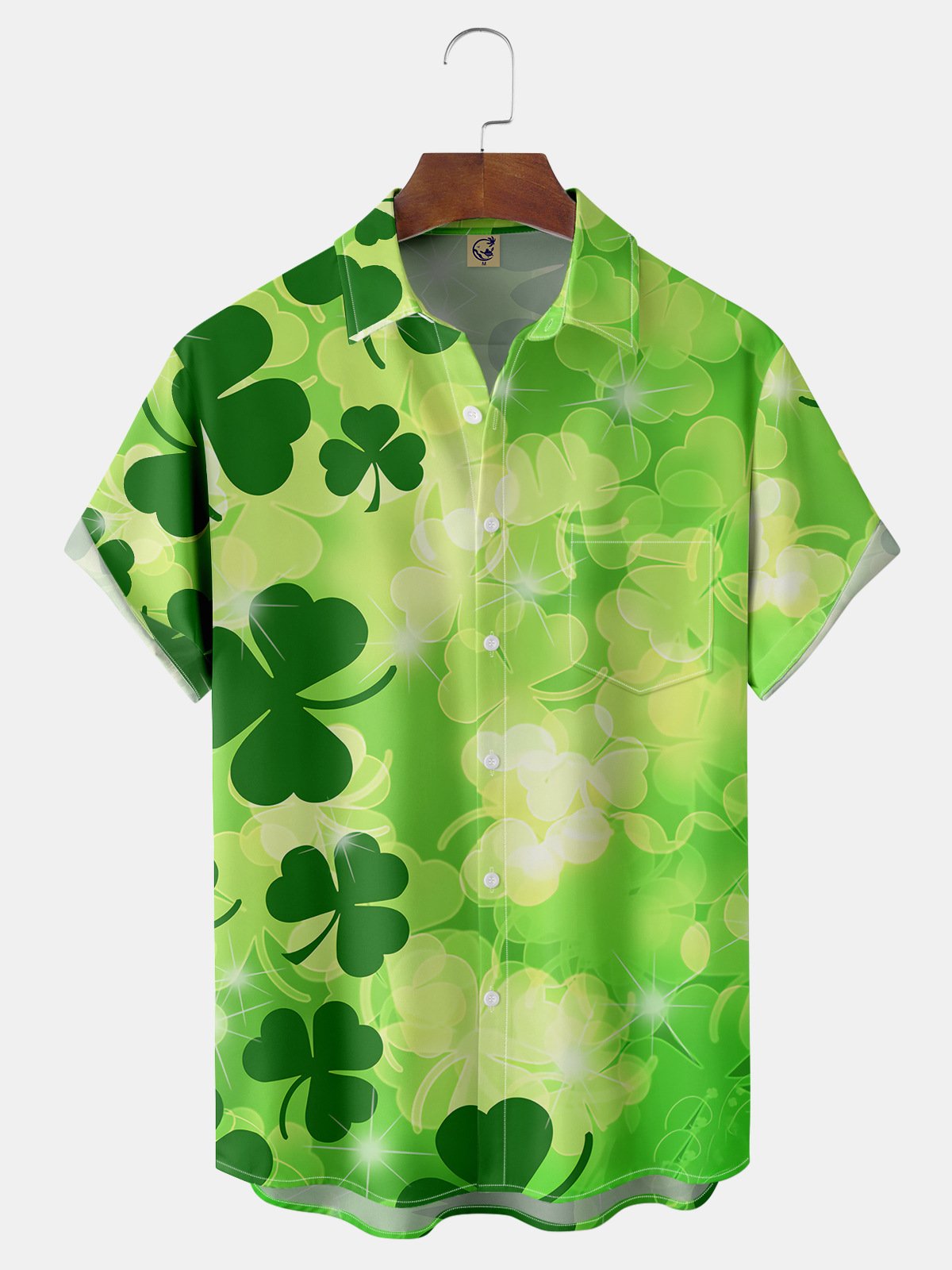 St. Patrick's Day Clover Chest Pocket Short Sleeve Casual Shirt