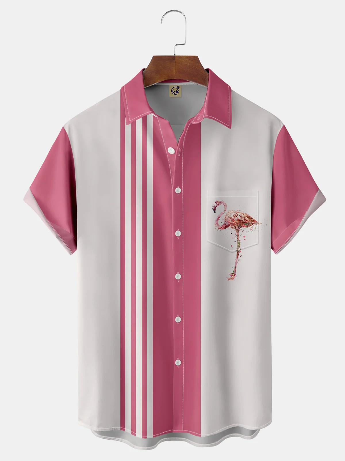 Geometric Flamingo Chest Pocket Short Sleeve Bowling Shirt