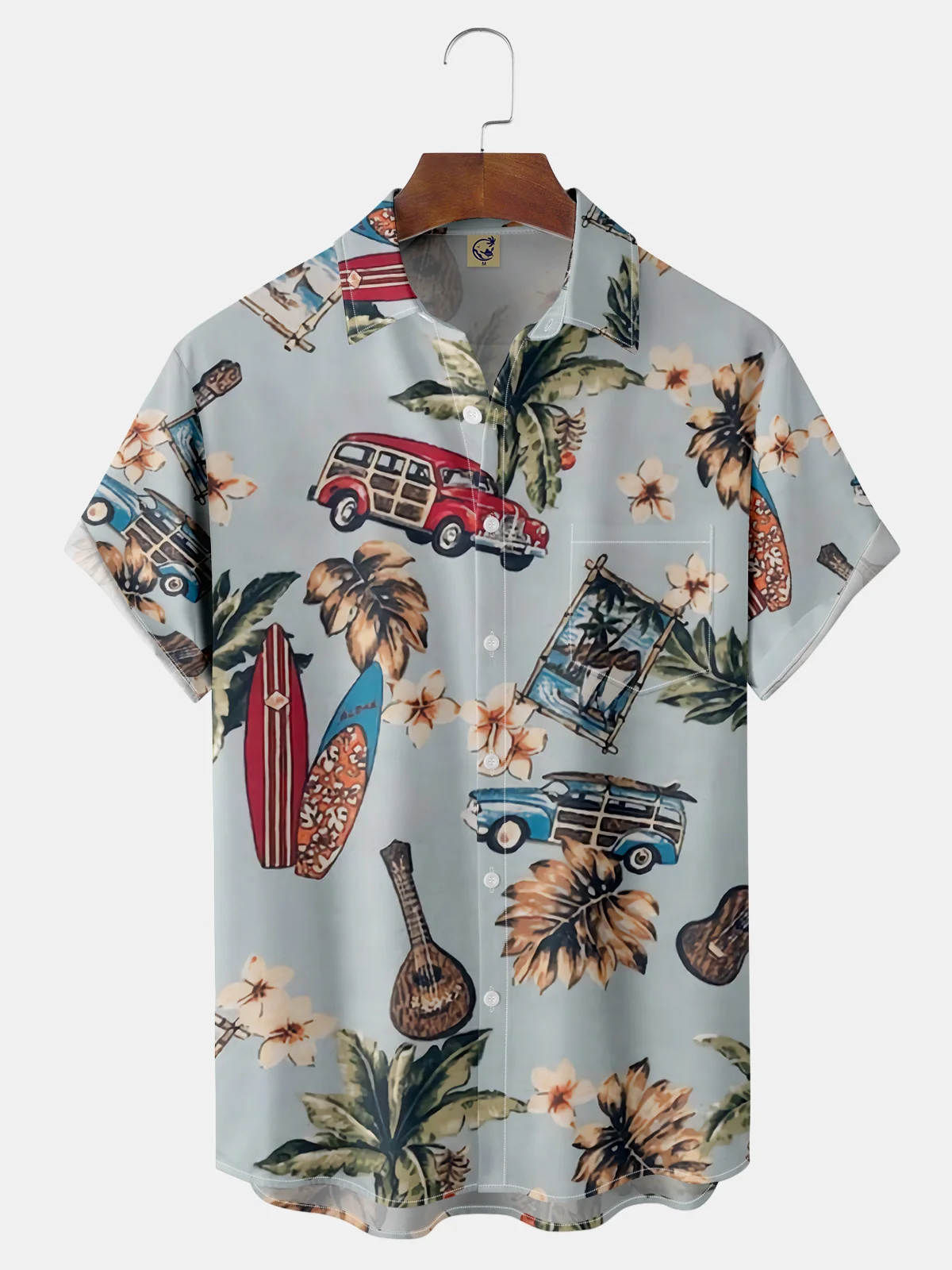 Palm Leaf Chest Pocket Short Sleeve Hawaiian Shirt