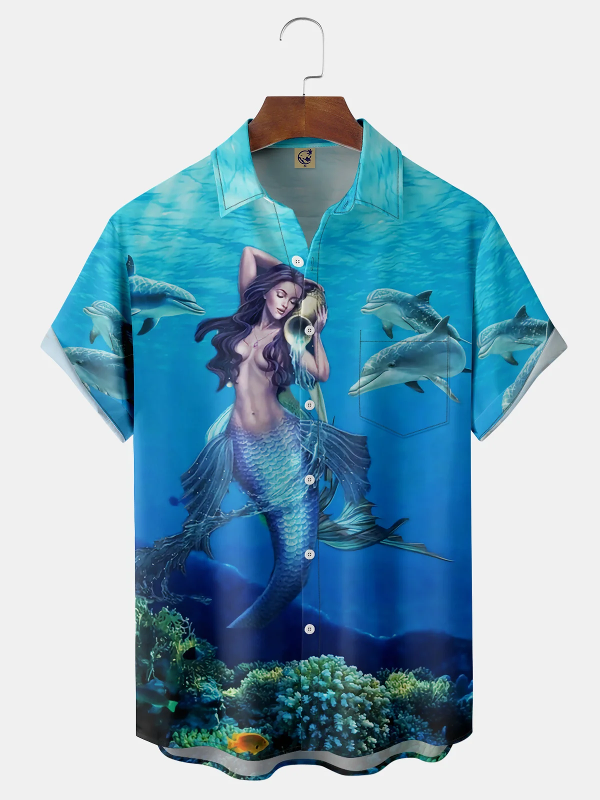 Mermaid Chest Pocket Short Sleeve Hawaiian Shirt