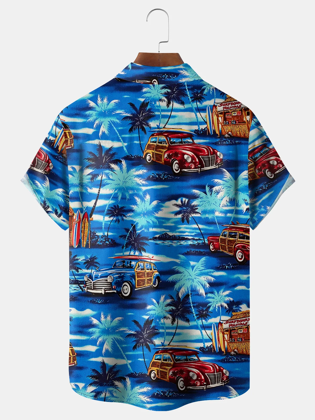 Vintage Car Coconut Tree Chest Pocket Short Sleeve Hawaiian Shirt