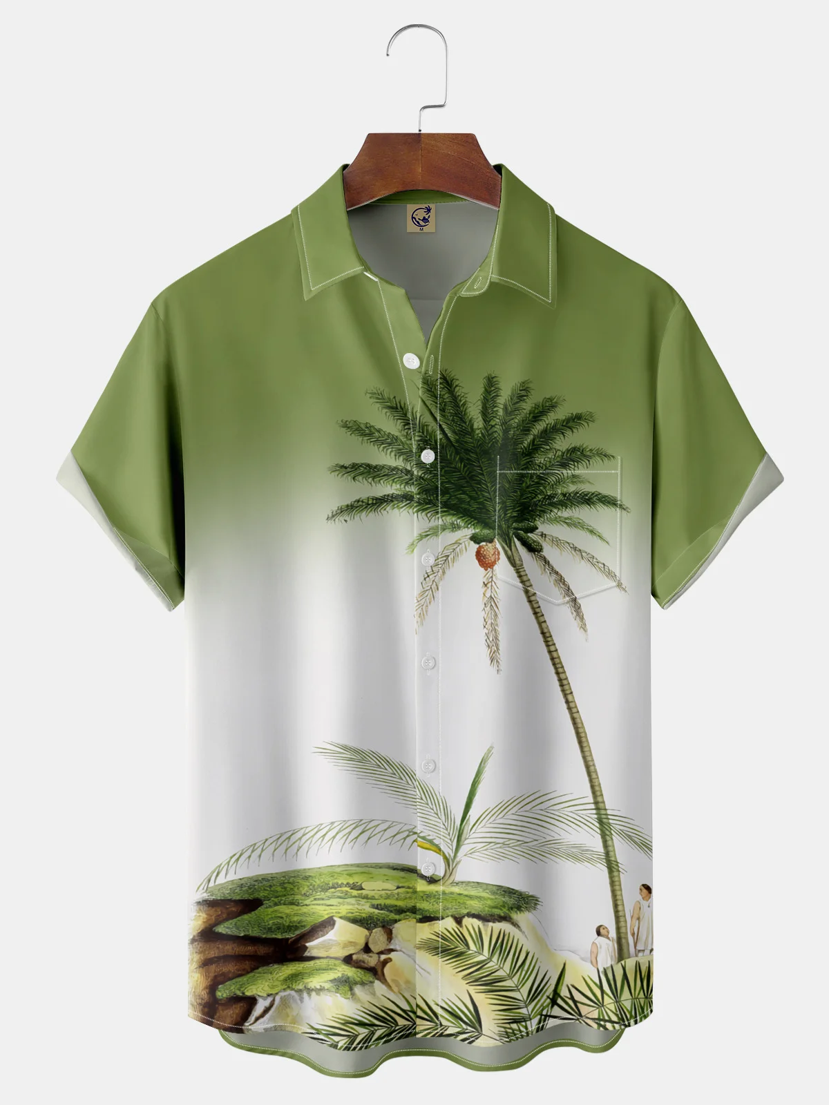 Gradient Coconut Tree Chest Pocket Short Sleeve Hawaiian Shirt