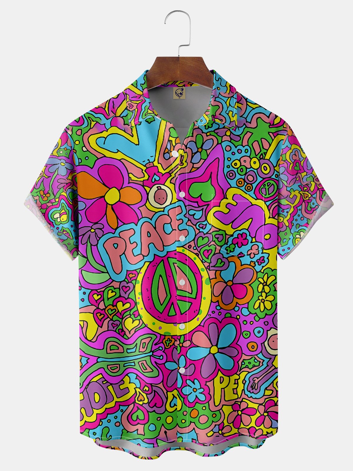 Hippie Love and Peace Chest Pocket Short Sleeve Casual Shirt