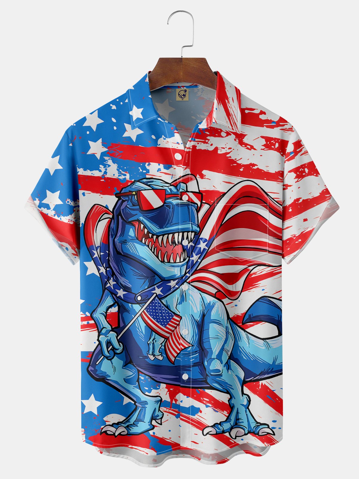 Hardaddy Independence Day Flag Dinosaur Chest Pocket Short Sleeve Shirt