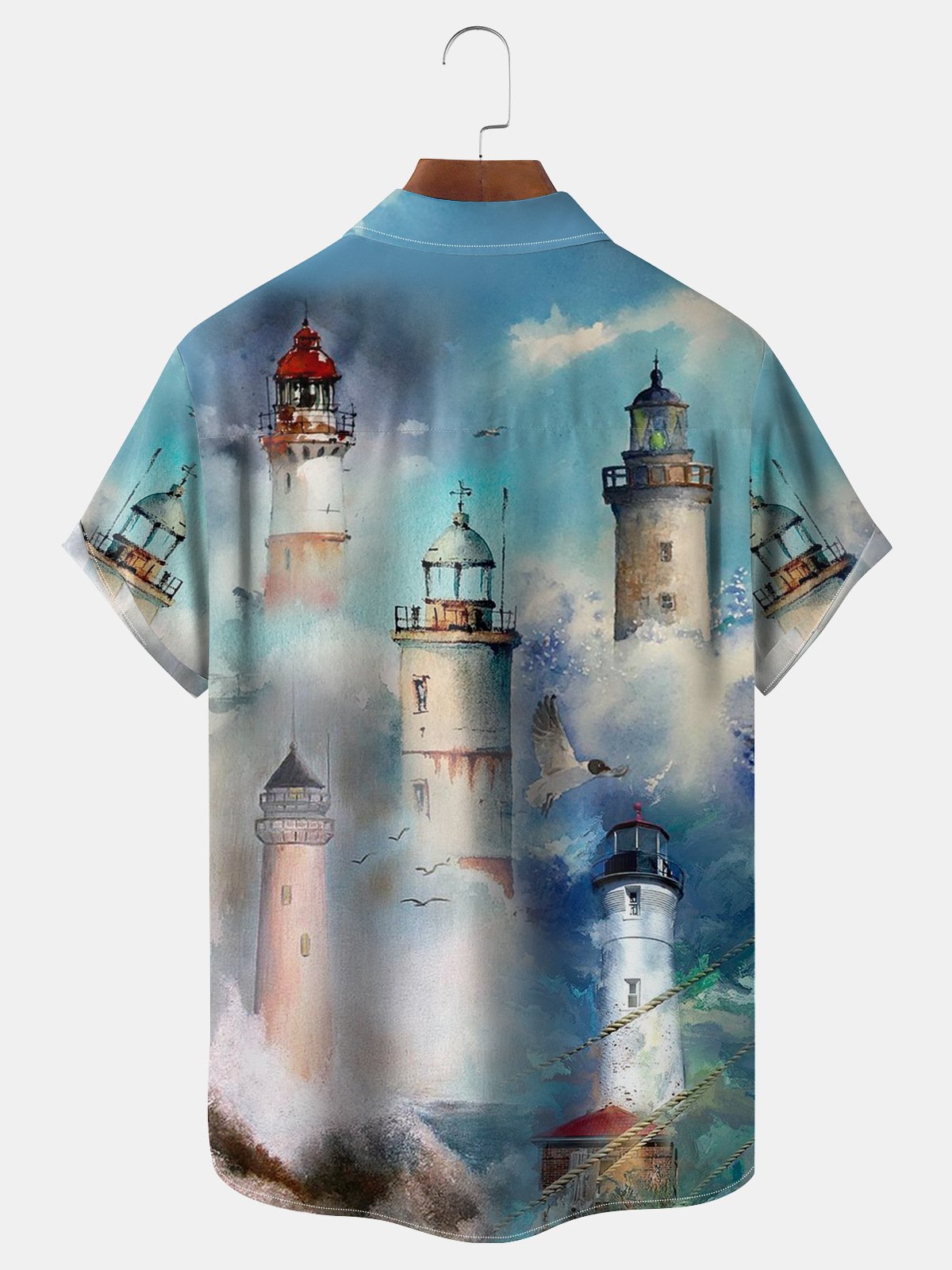 Watercolor Lighthouse Chest Pocket Short Sleeve Hawaiian Shirt