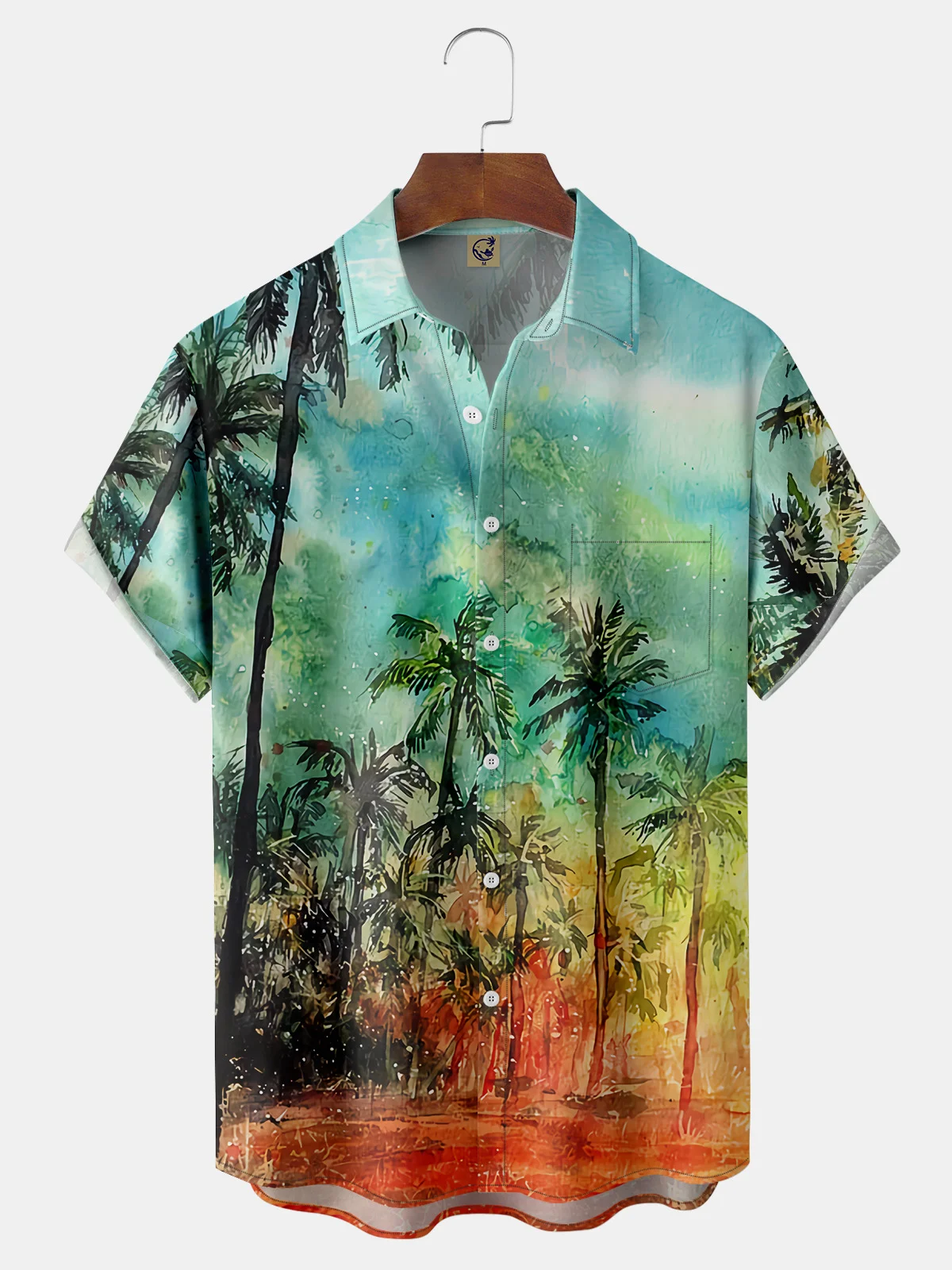 Watercolor Coconut Tree Chest Pocket Short Sleeve Hawaiian Shirt