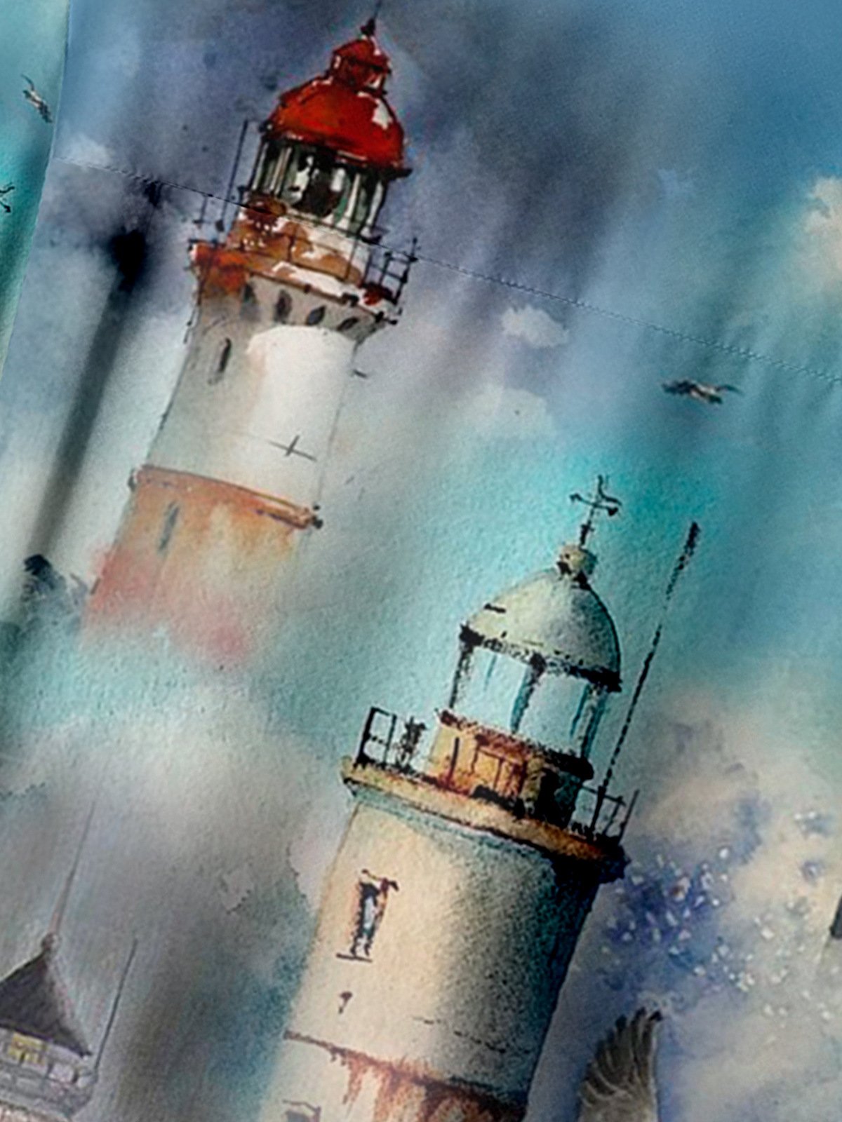 Watercolor Lighthouse Chest Pocket Short Sleeve Hawaiian Shirt