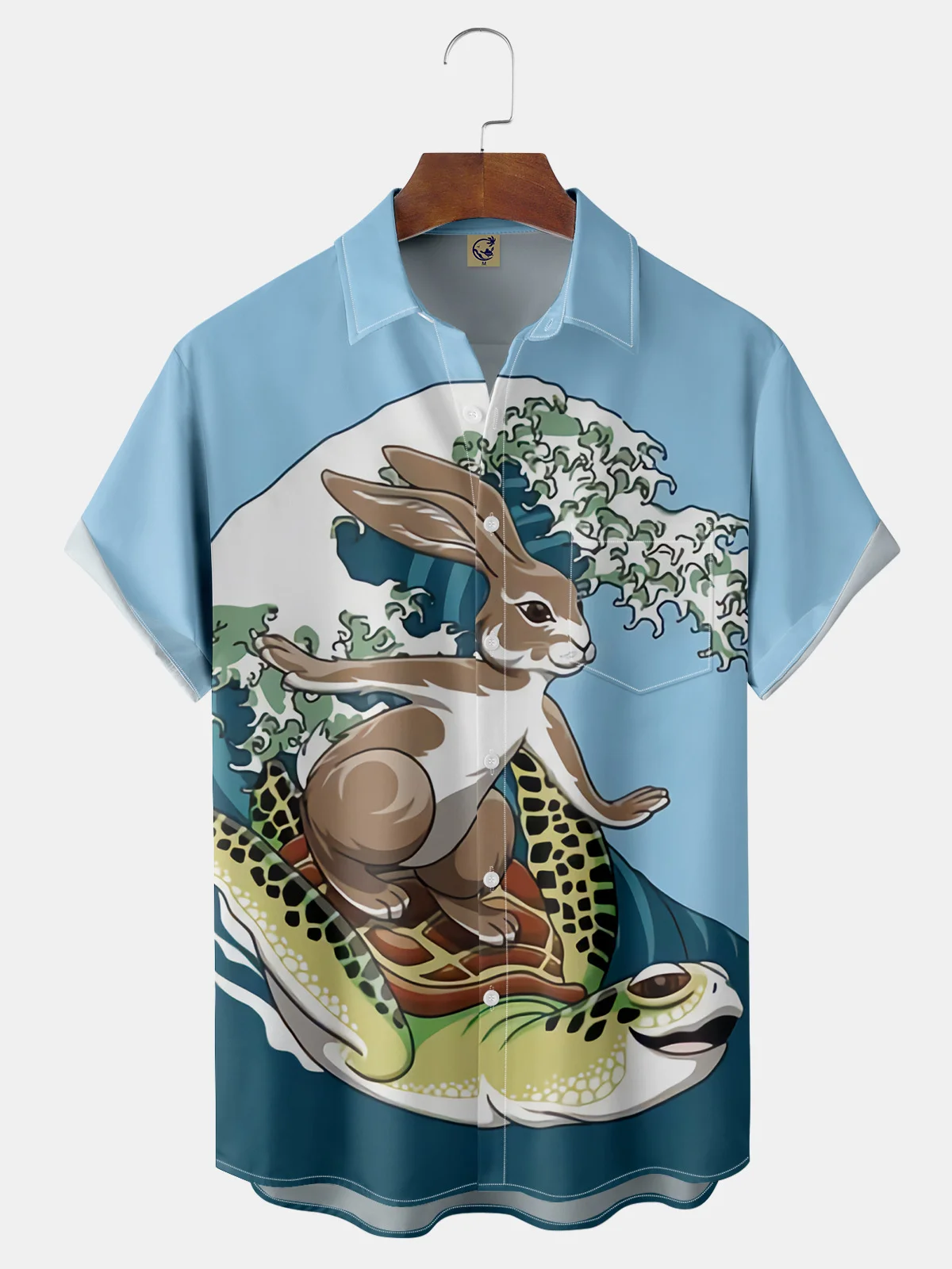 Ukiyo-e Rabbit Chest Pocket Short Sleeve Casual Shirt