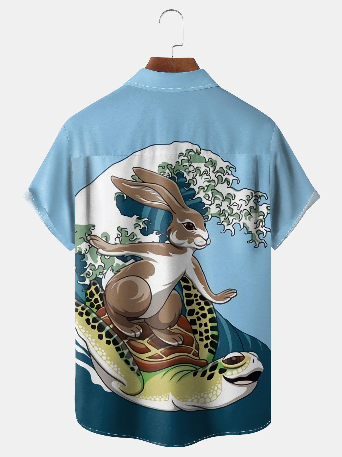 Ukiyo-e Rabbit Chest Pocket Short Sleeve Casual Shirt