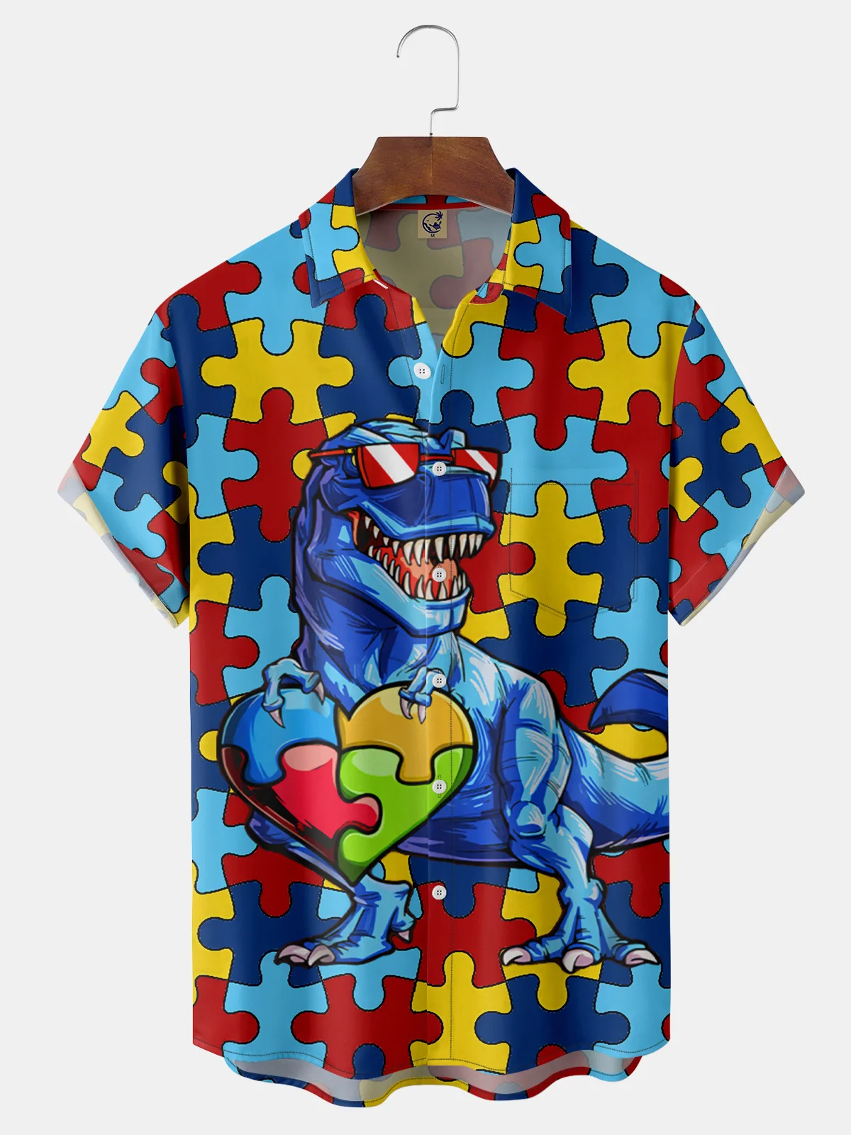 Fun Puzzle Dinosaur Chest Pocket Short Sleeve Casual Shirt