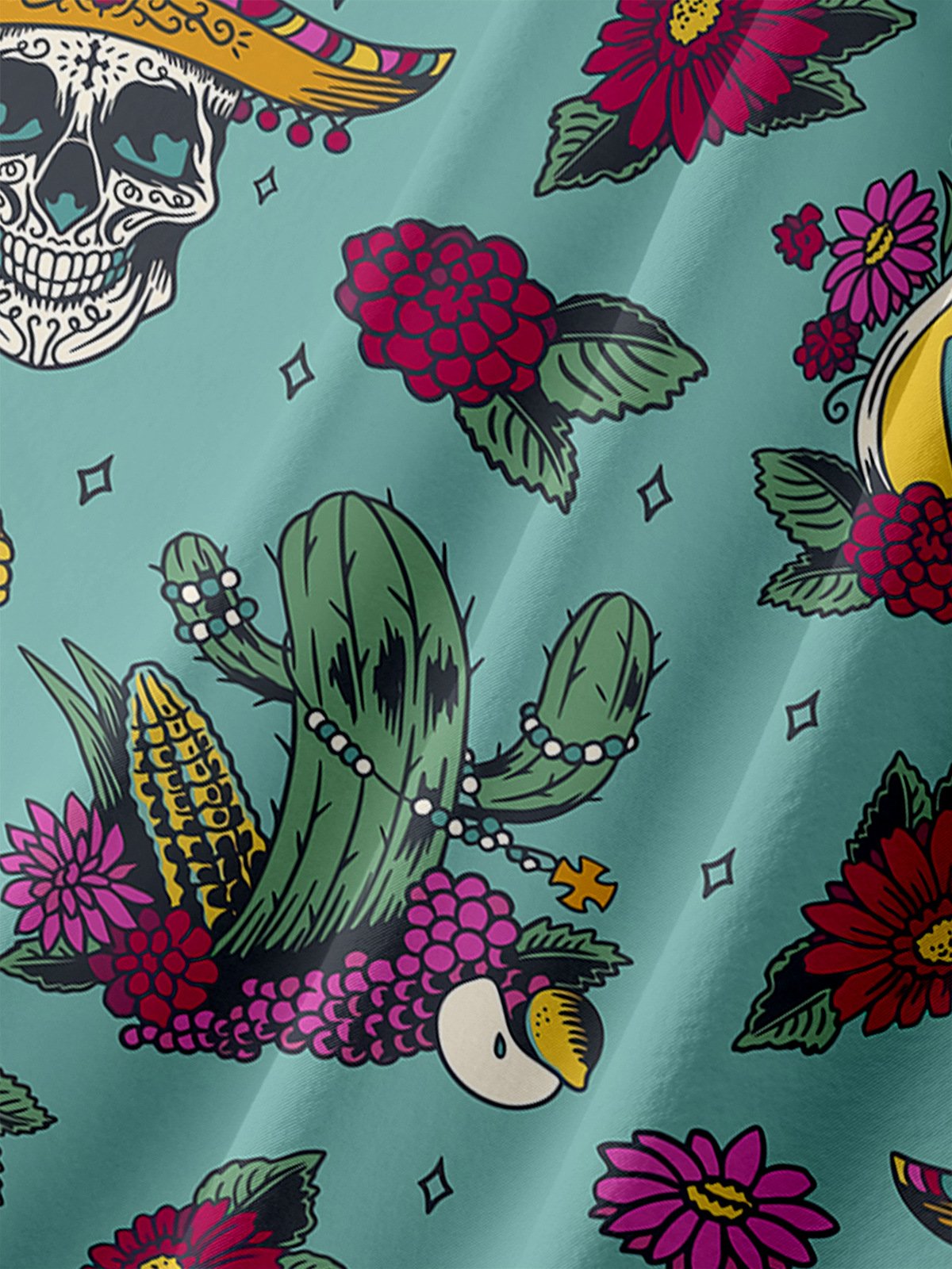 Cinco de Mayo Skull Chest Pocket Short Sleeve Casual Shirt