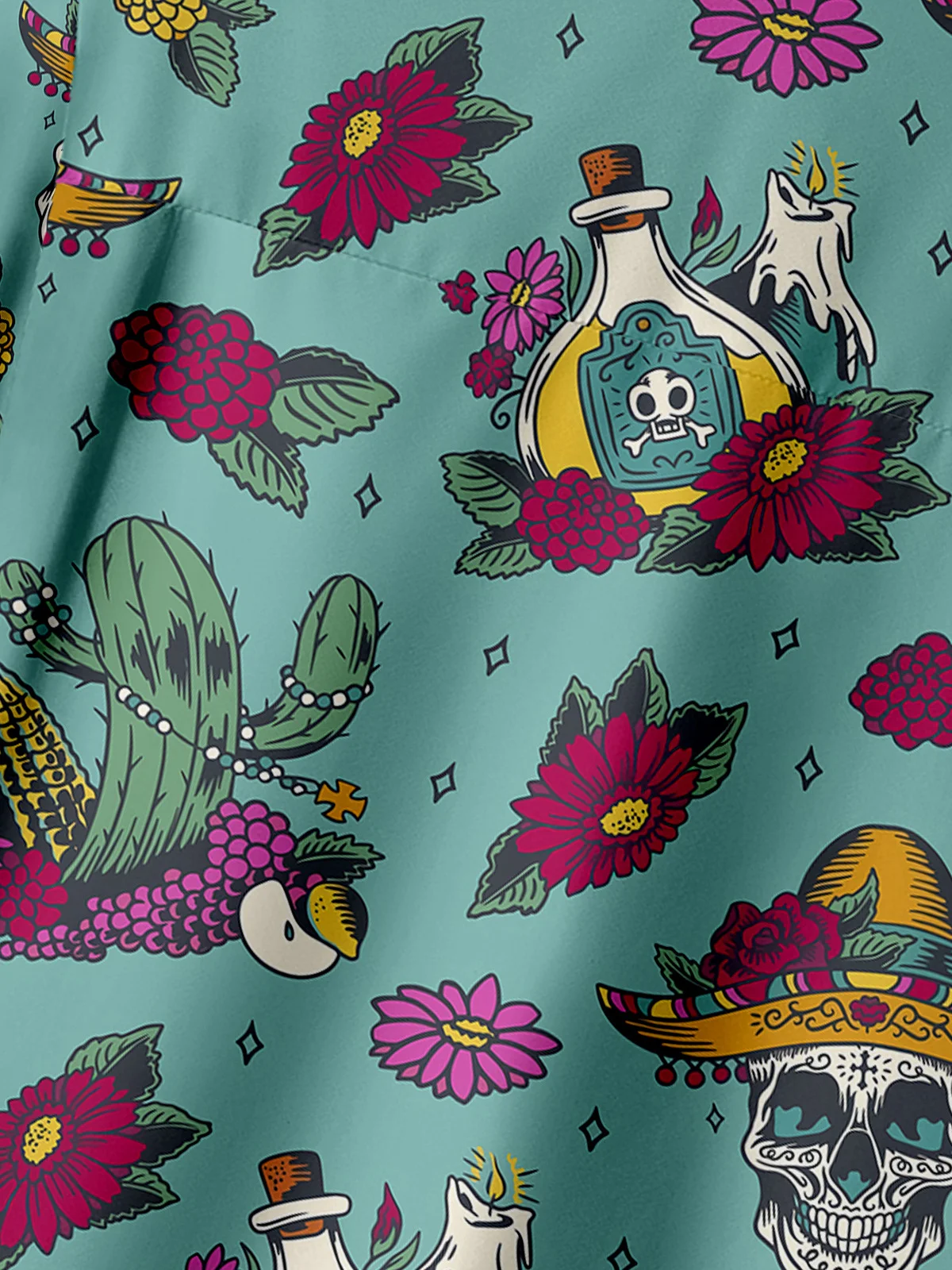 Cinco de Mayo Skull Chest Pocket Short Sleeve Casual Shirt