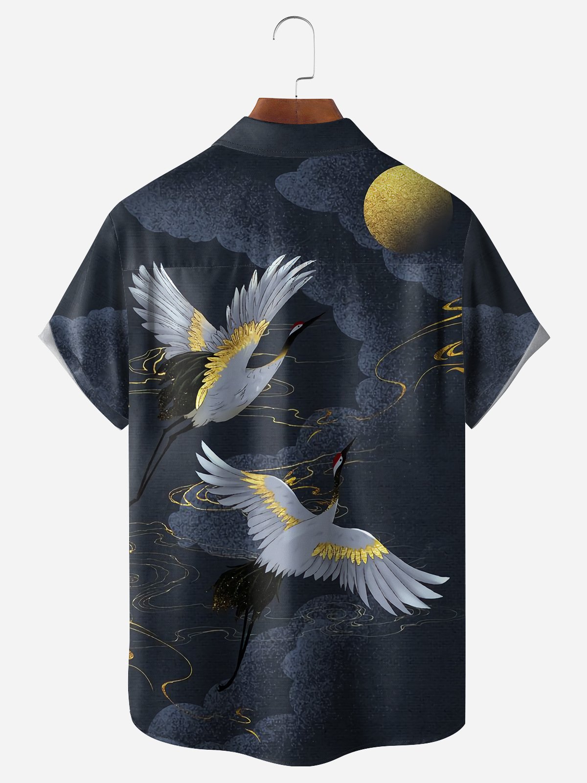 Japanese Art Ukiyoe Crane Chest Pocket Short Sleeve Casual Shirt