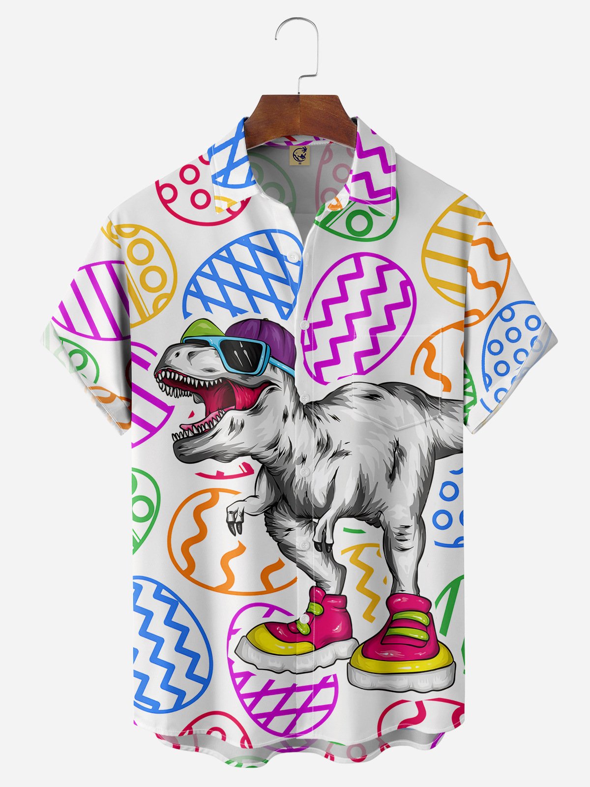 Easter Egg Dinosaur Chest Pocket Short Sleeve Casual Shirt