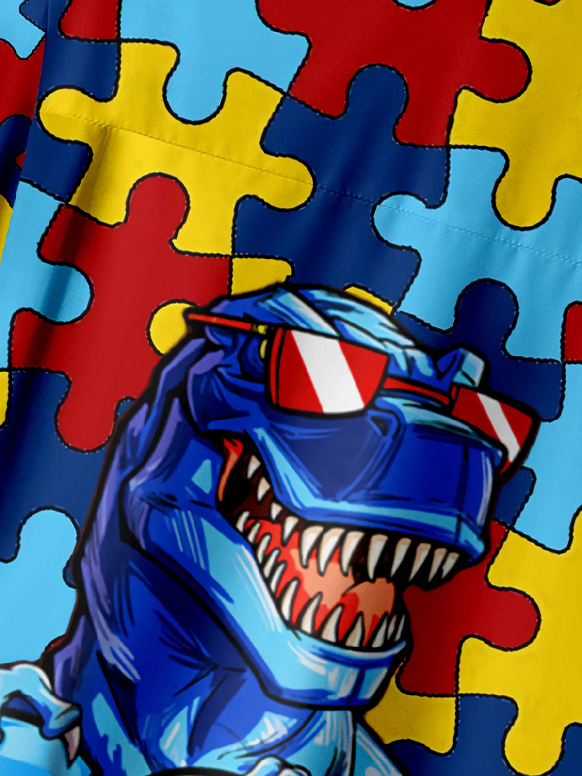 Fun Puzzle Dinosaur Chest Pocket Short Sleeve Casual Shirt