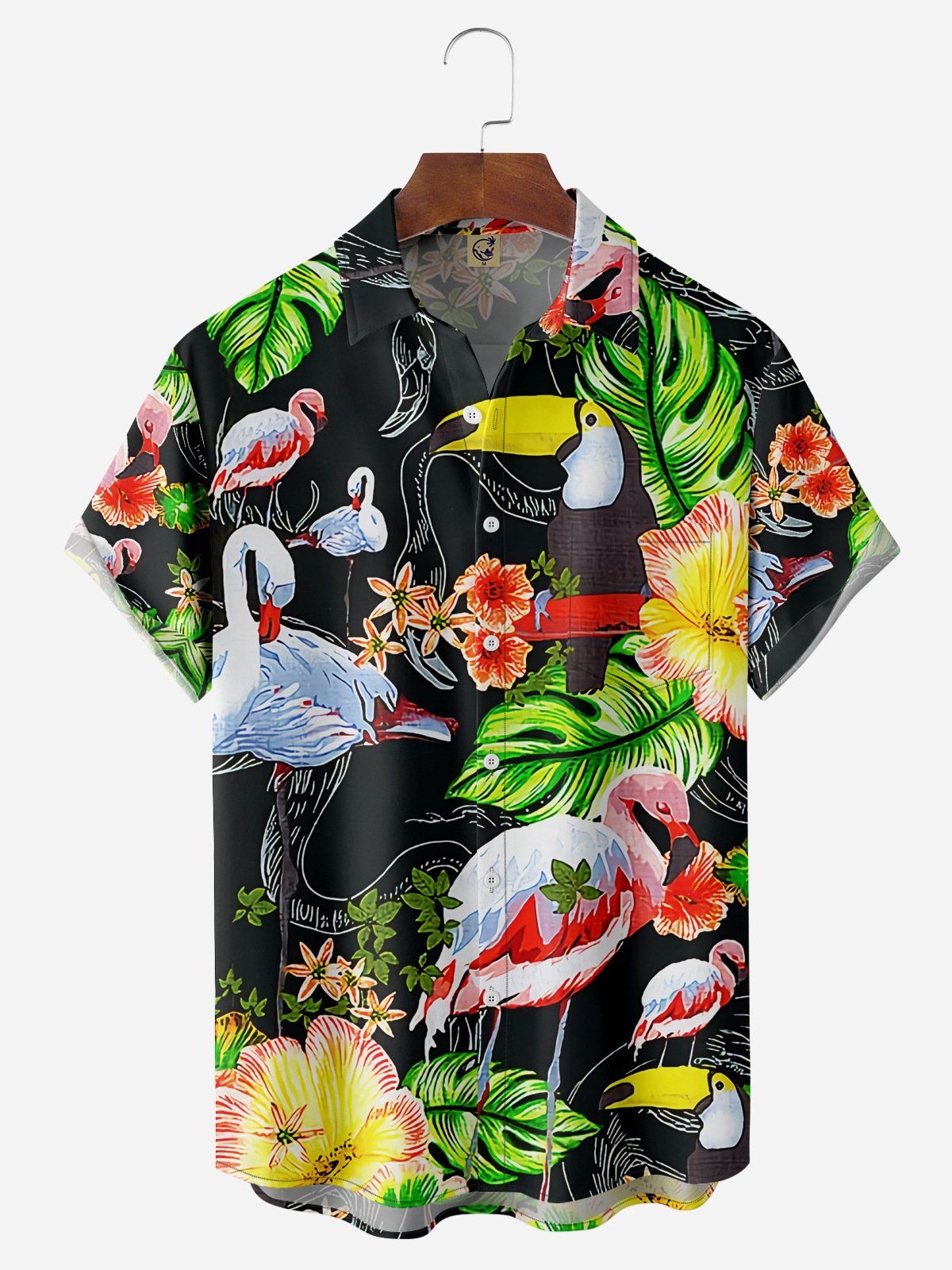 Flamingo Chest Pocket Short Sleeve Hawaiian Shirt