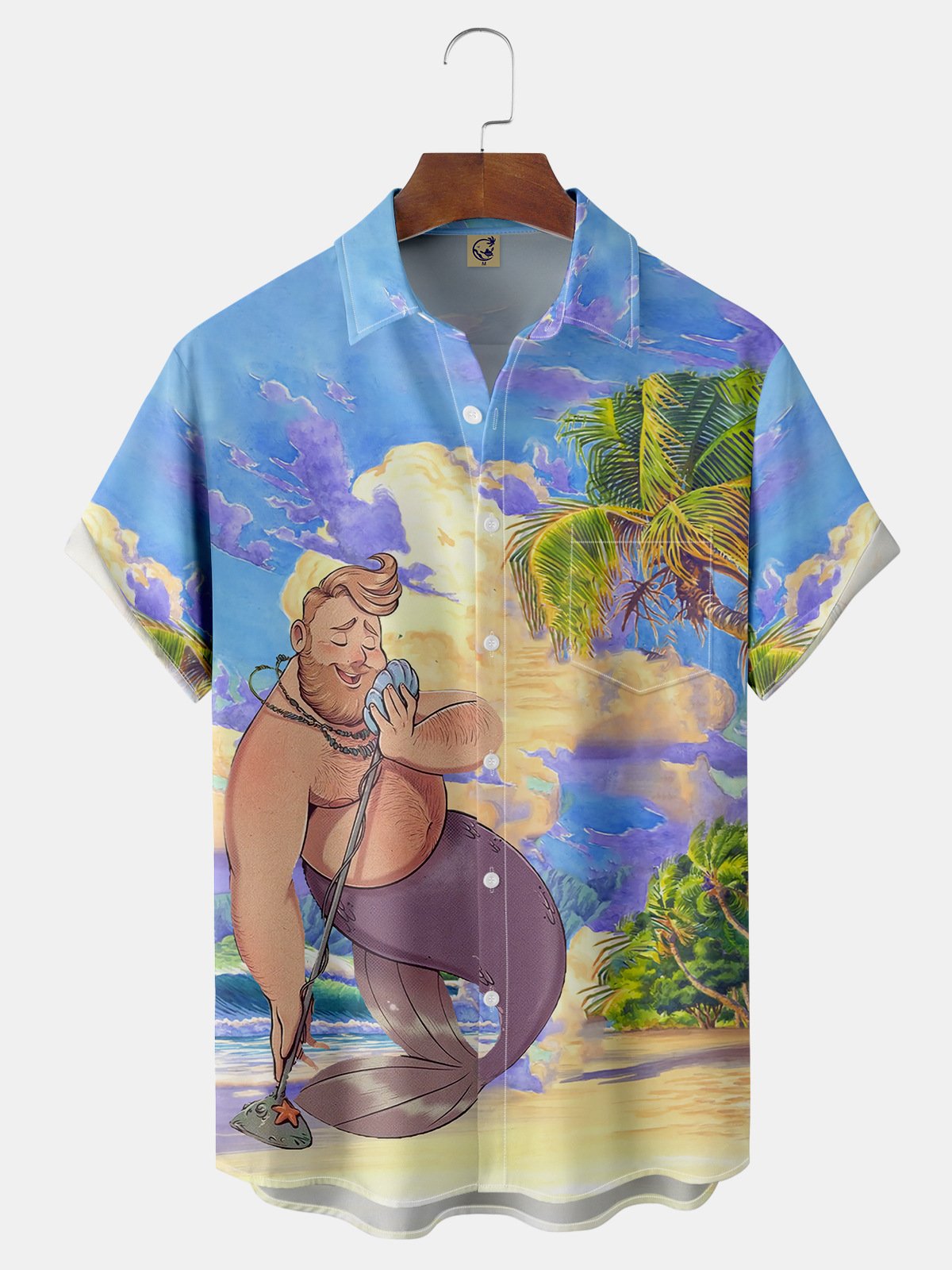 Mermaid Coconut Tree Chest Pocket Short Sleeve Hawaiian Shirt