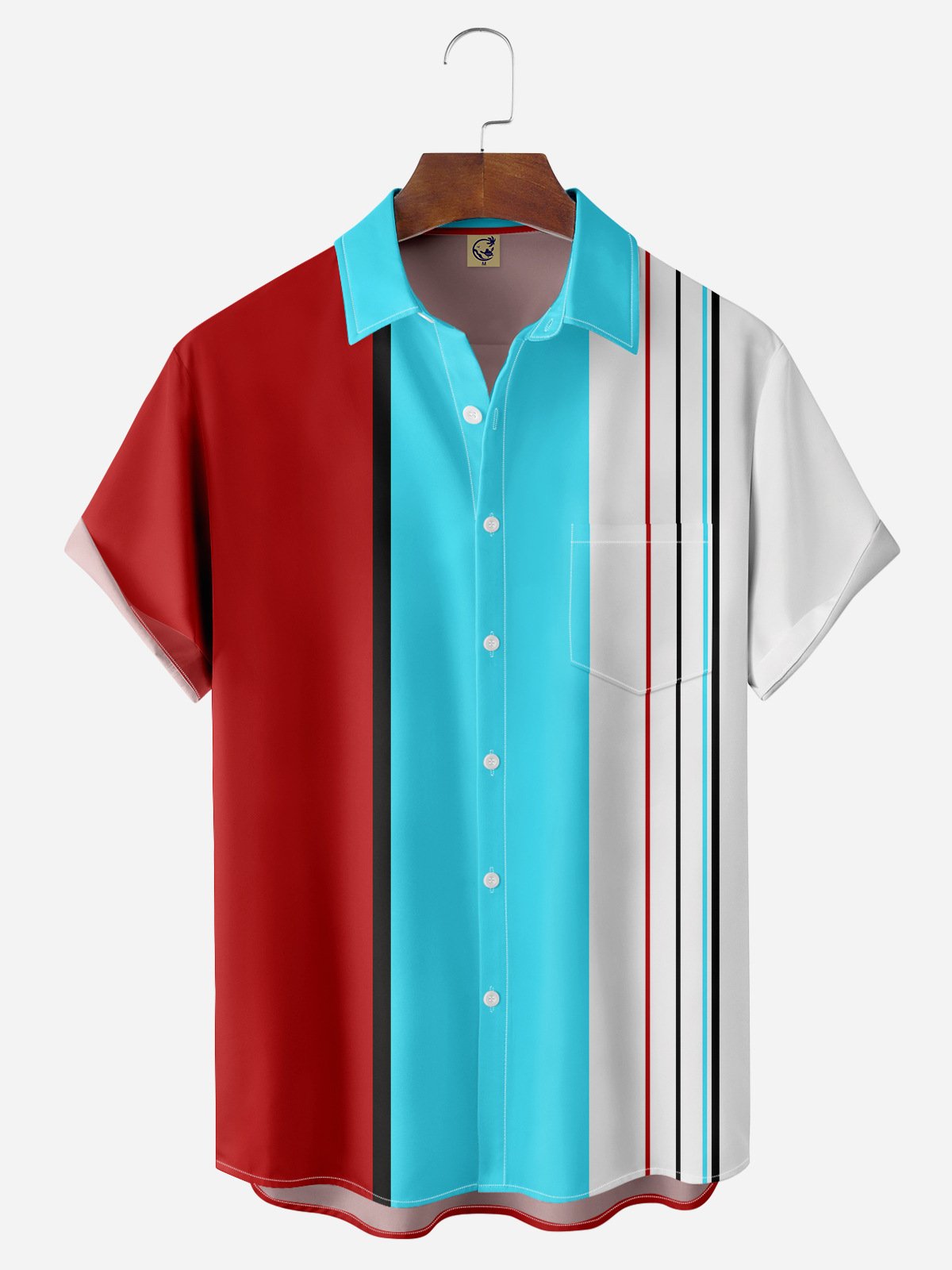 Striped Chest Pocket Short Sleeve Bowling Shirt