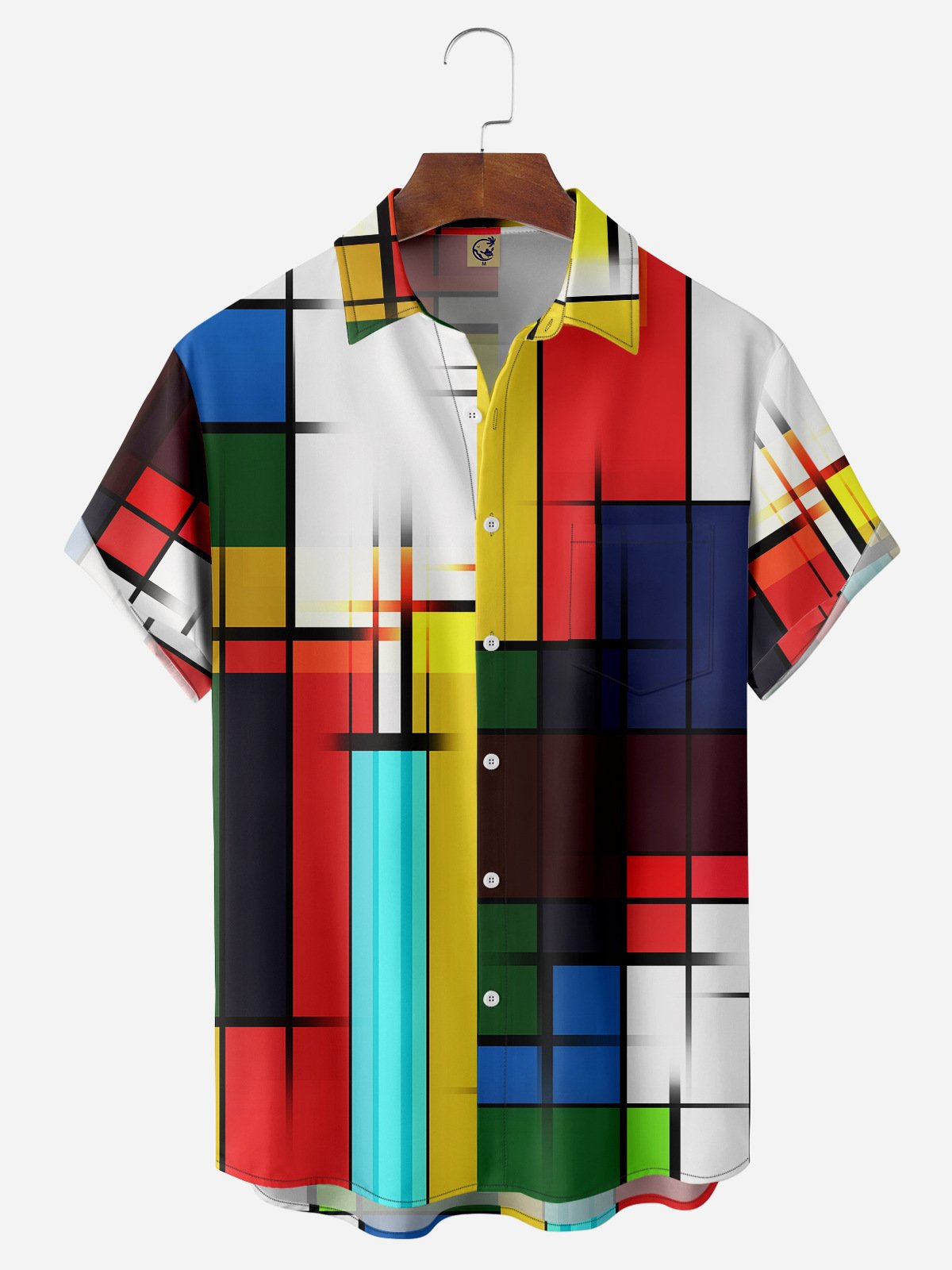 Geometric Color Block Chest Pocket Short Sleeve Casual Shirt