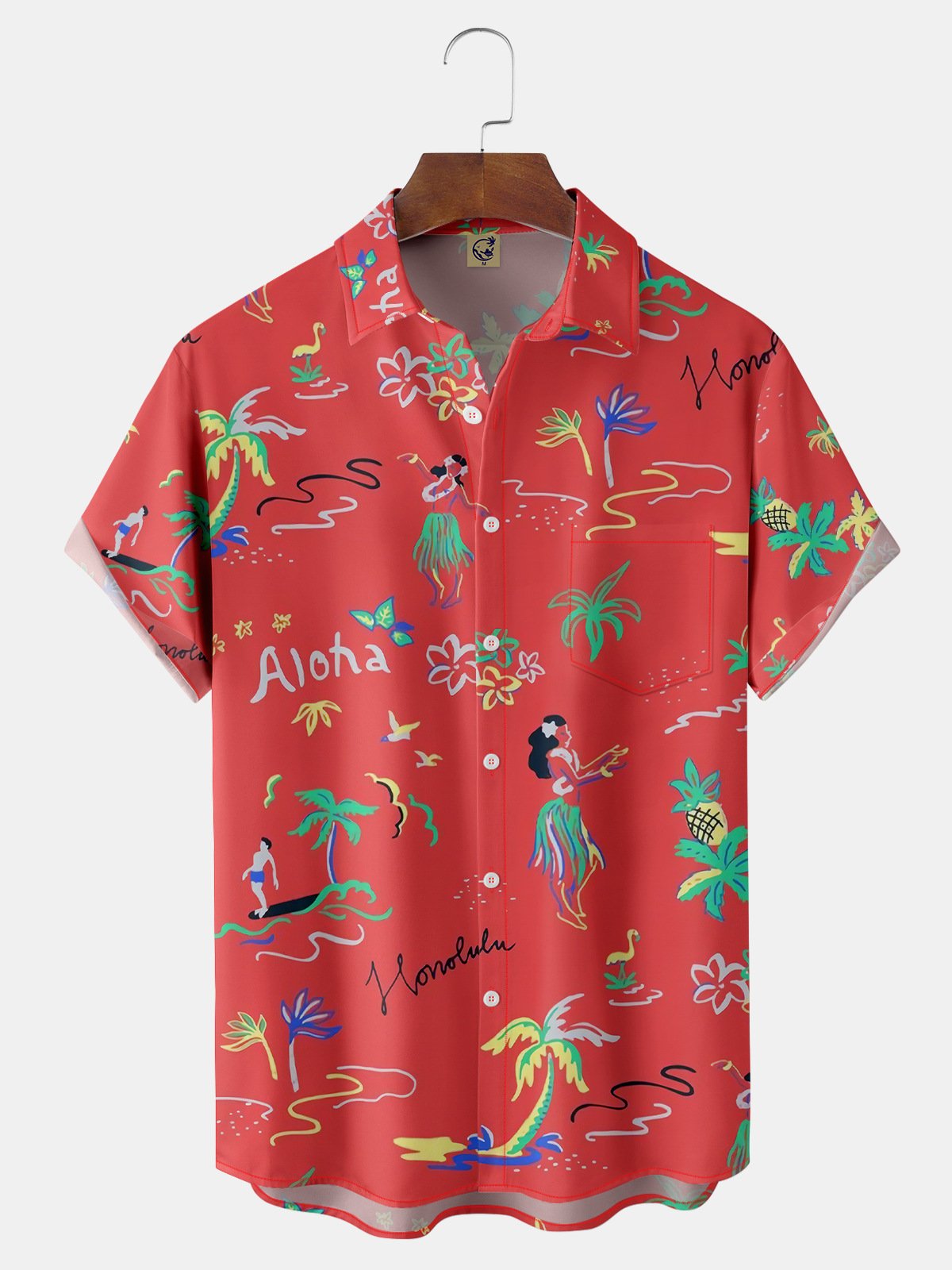 Hula Girl Chest Pocket Short Sleeve Hawaiian Shirt