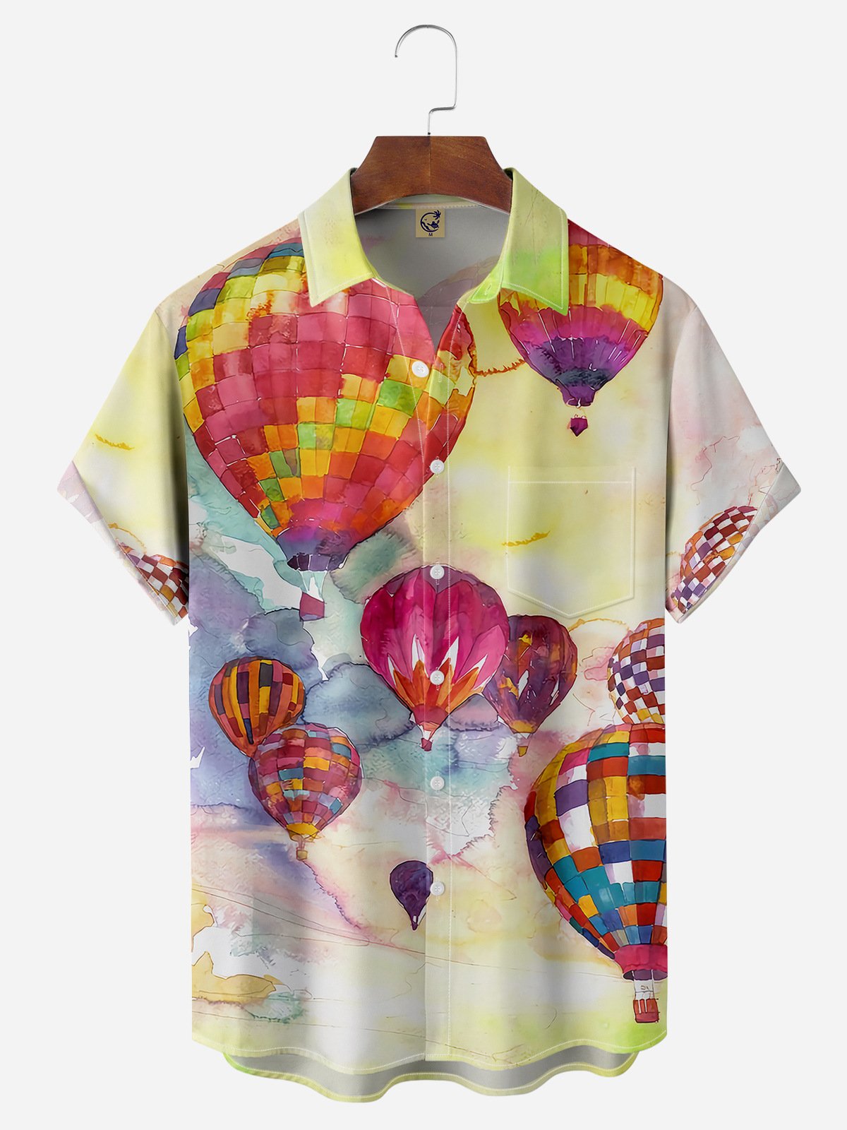 Hot Air Balloon Chest Pocket Short Sleeve Casual Shirt