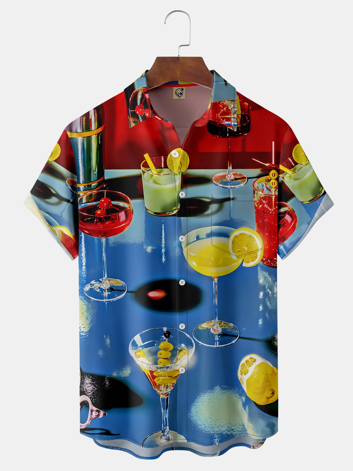 Art Wine Glass Chest Pocket Short Sleeve Casual Shirt