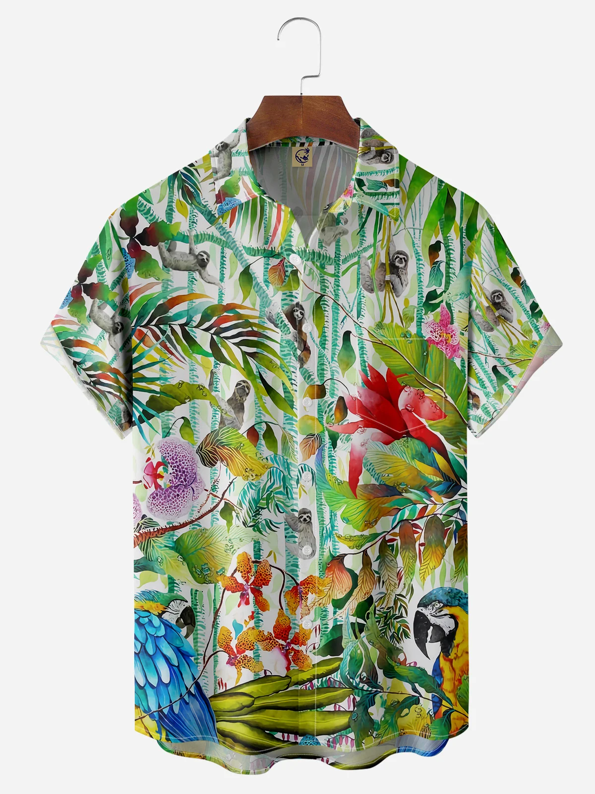 Sloths Parrot Chest Pocket Short Sleeve Hawaiian Shirt