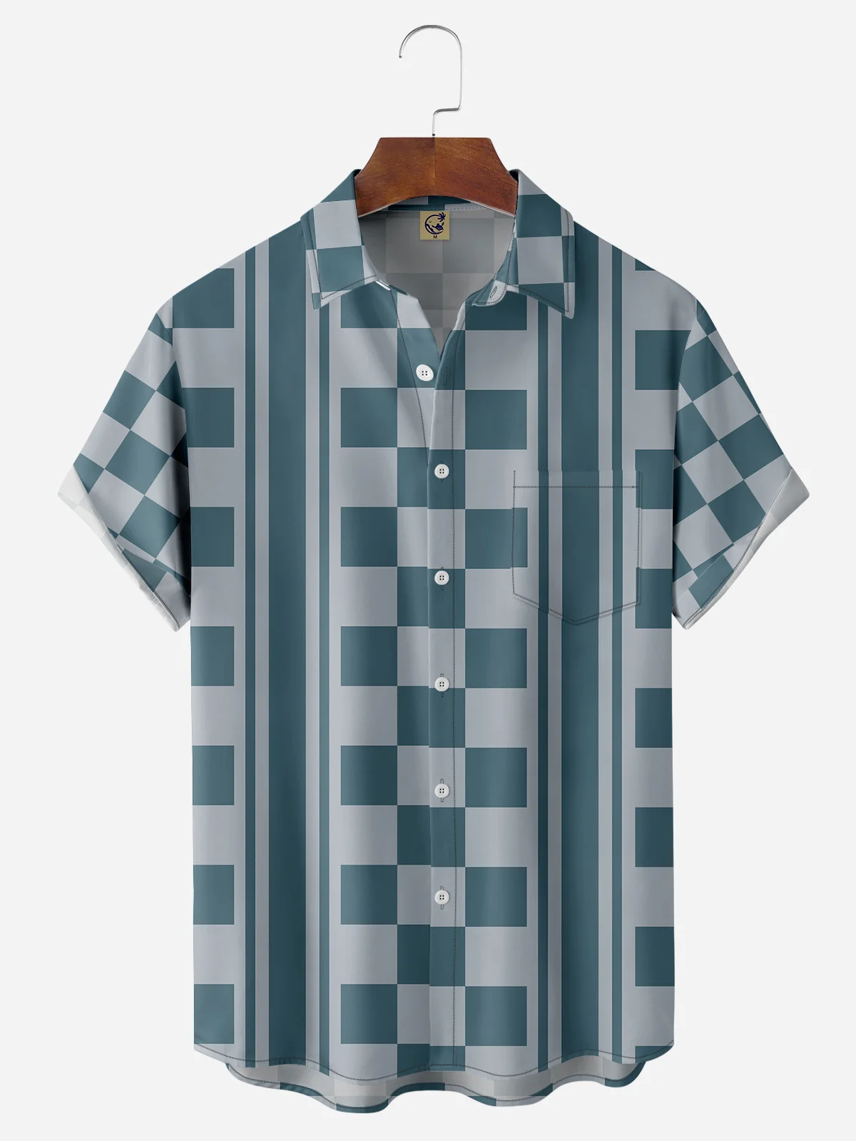 Geometric Check Chest Pocket Short Sleeve Bowling Shirt