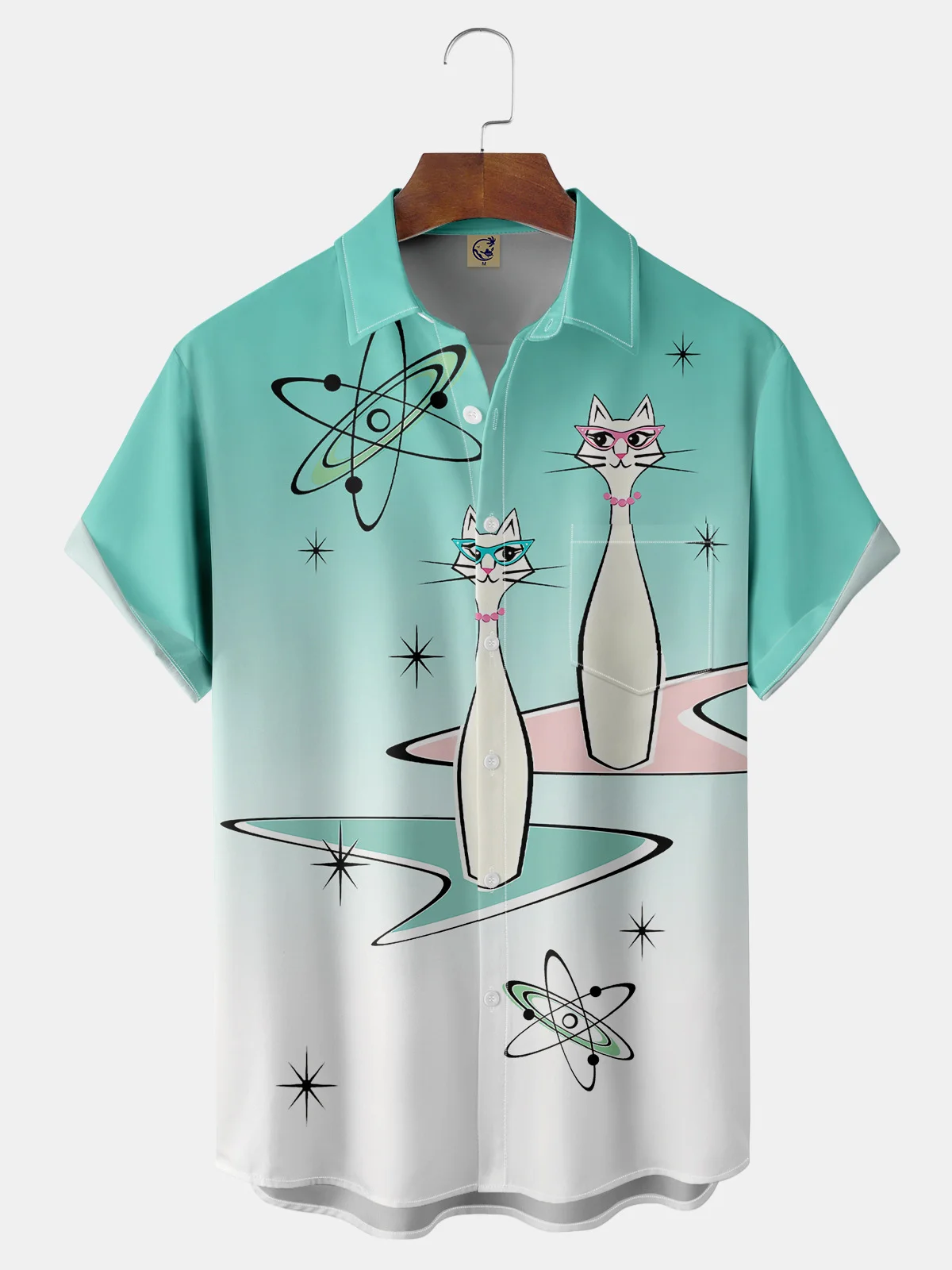 Mid Century Geometric Cat Chest Pocket Short Sleeve Shirt